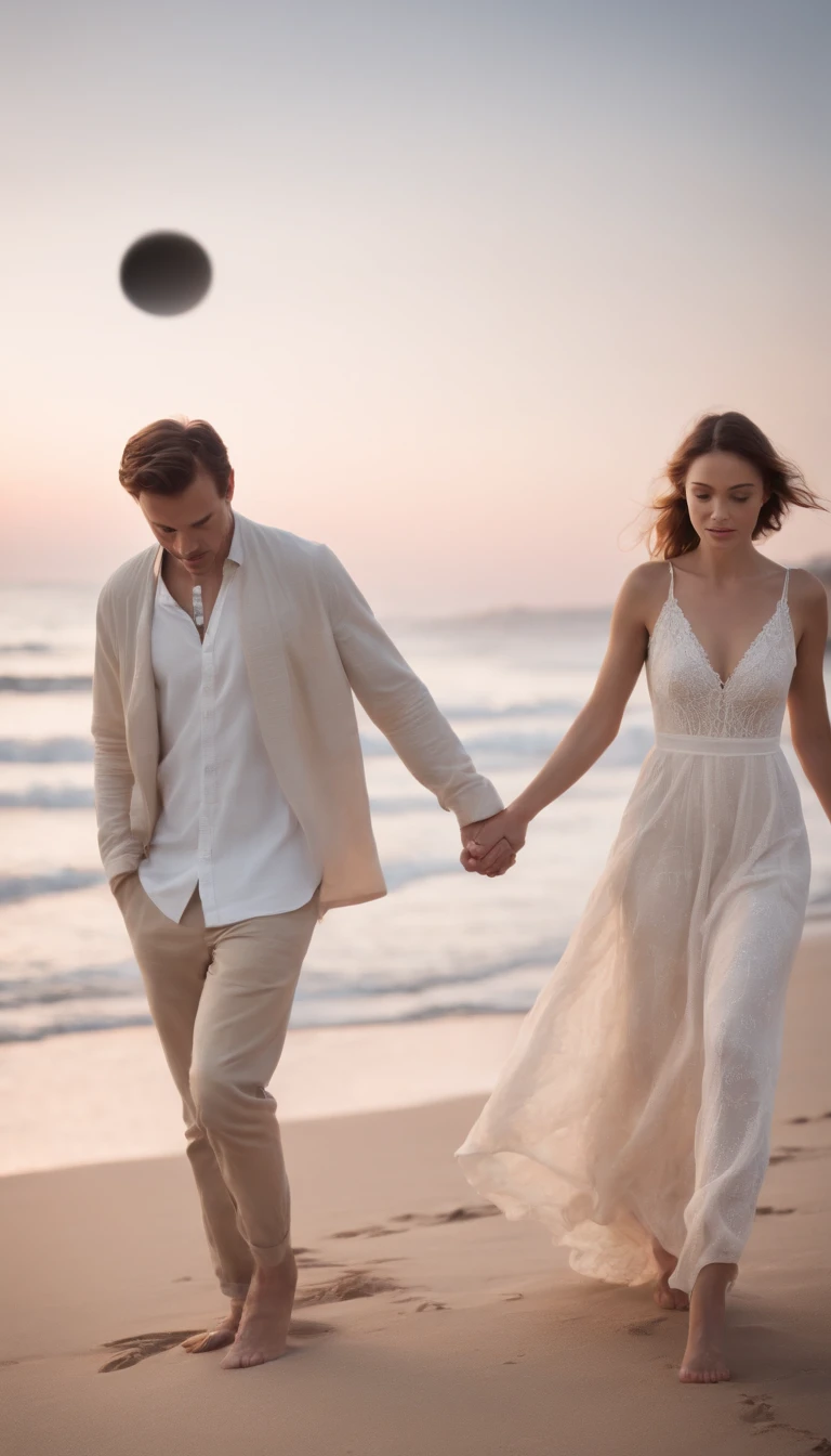 Couple holding hands, walking on the beach in the moonlight from the front --auto --s2