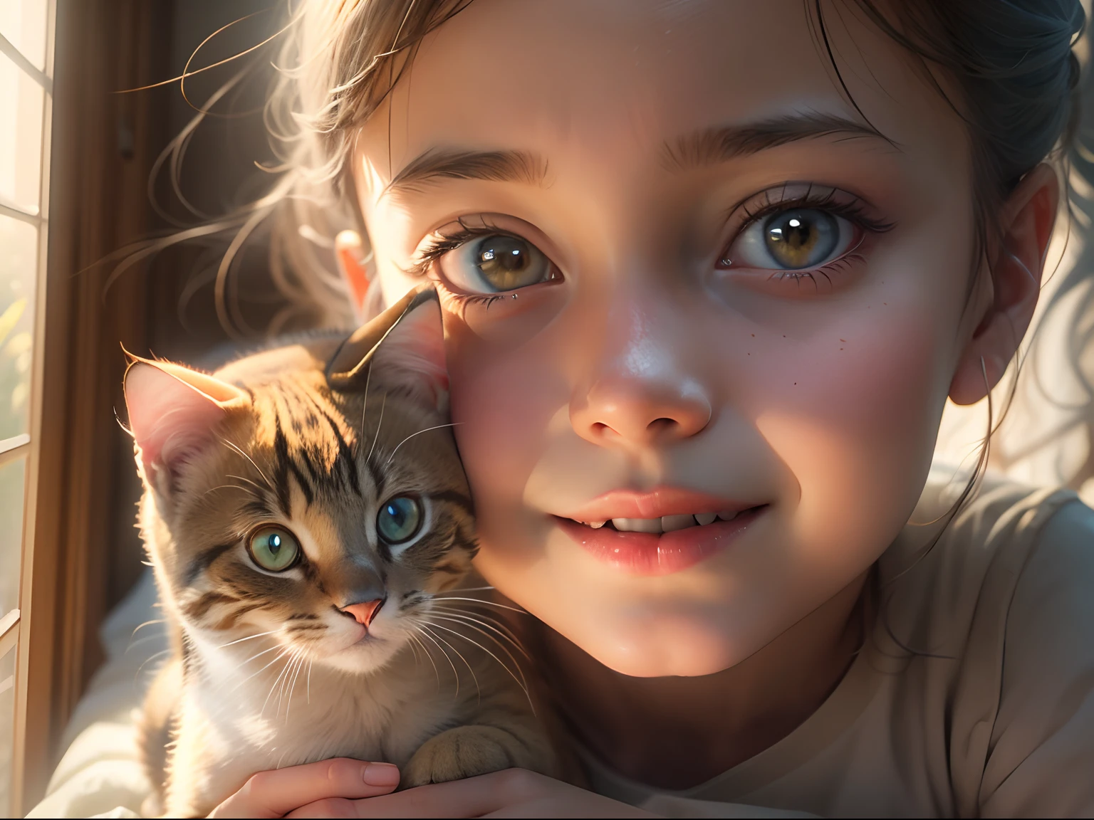 6 girl and a rounded eyes cat, Sunlight outside the window