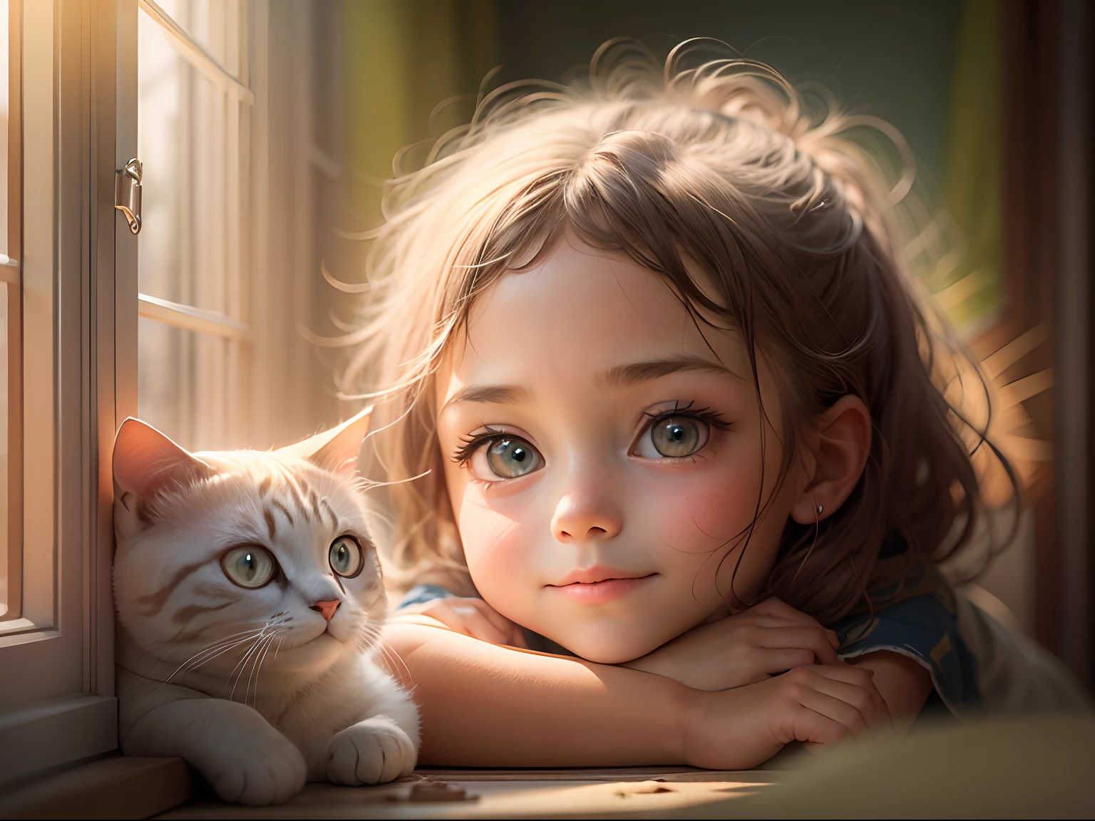 6 girl and a rounded eyes cat, Sunlight outside the window