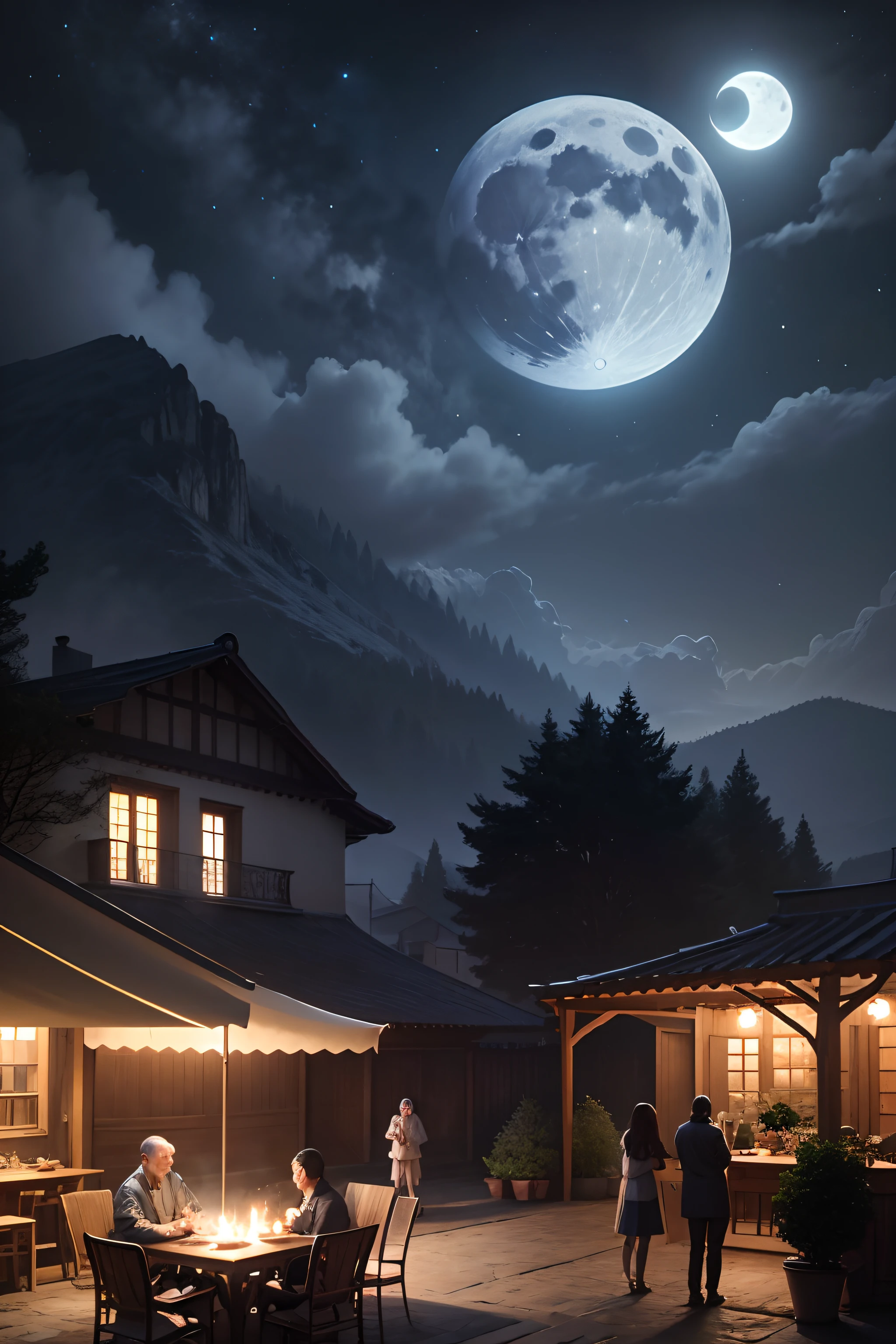 Mid-Autumn Festival,night scene,cloudless sky,moon full,Silver moonlight illuminates the earth,Fantastical Atmosphere,A courtyard with tables,The house near the courtyard is low,The house is dimly lit,Wine and mooncakes on the table,The family of three sat around a table,Outside the courtyard is the village,Mountains in the distance,The moon hangs halfway up the mountain