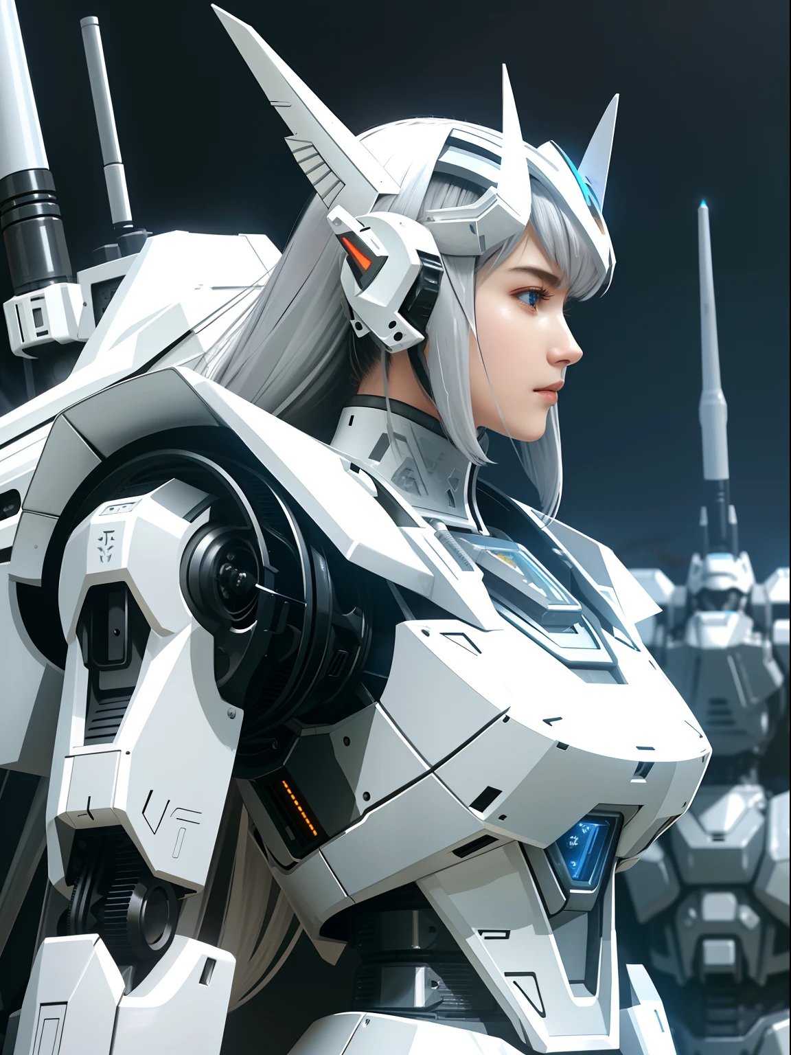 low  angle shot、Upper body view、White Metal Female Robot Mobile Armor、(High mobility combat robot:1.1)、([tailed | Detailed wire]:1.3)、Right shoulder beam cannon、Missile pod on left shoulder、(intricate-detail)、nffsw、(intricate-detail、hyperdetails:1.2)、Cinematic shots、vignettes、central、Rugged wilderness landscape、