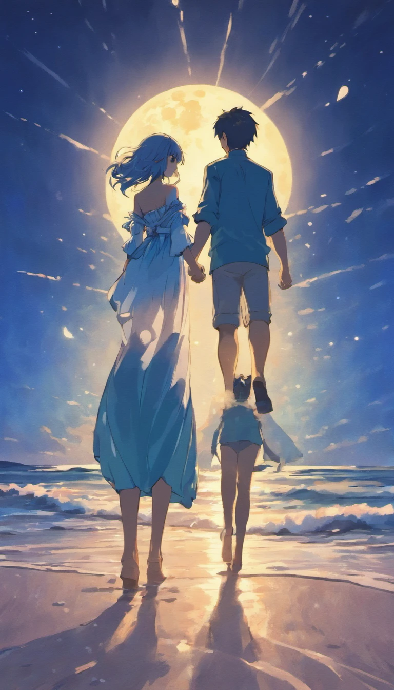 Couple holding hands, walking on the beach in the moonlight from the front --auto --s2