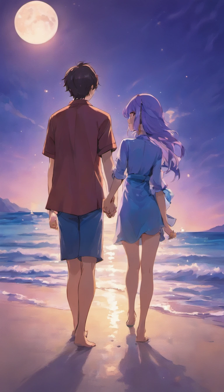 Couple holding hands, walking on the beach in the moonlight from the front --auto --s2