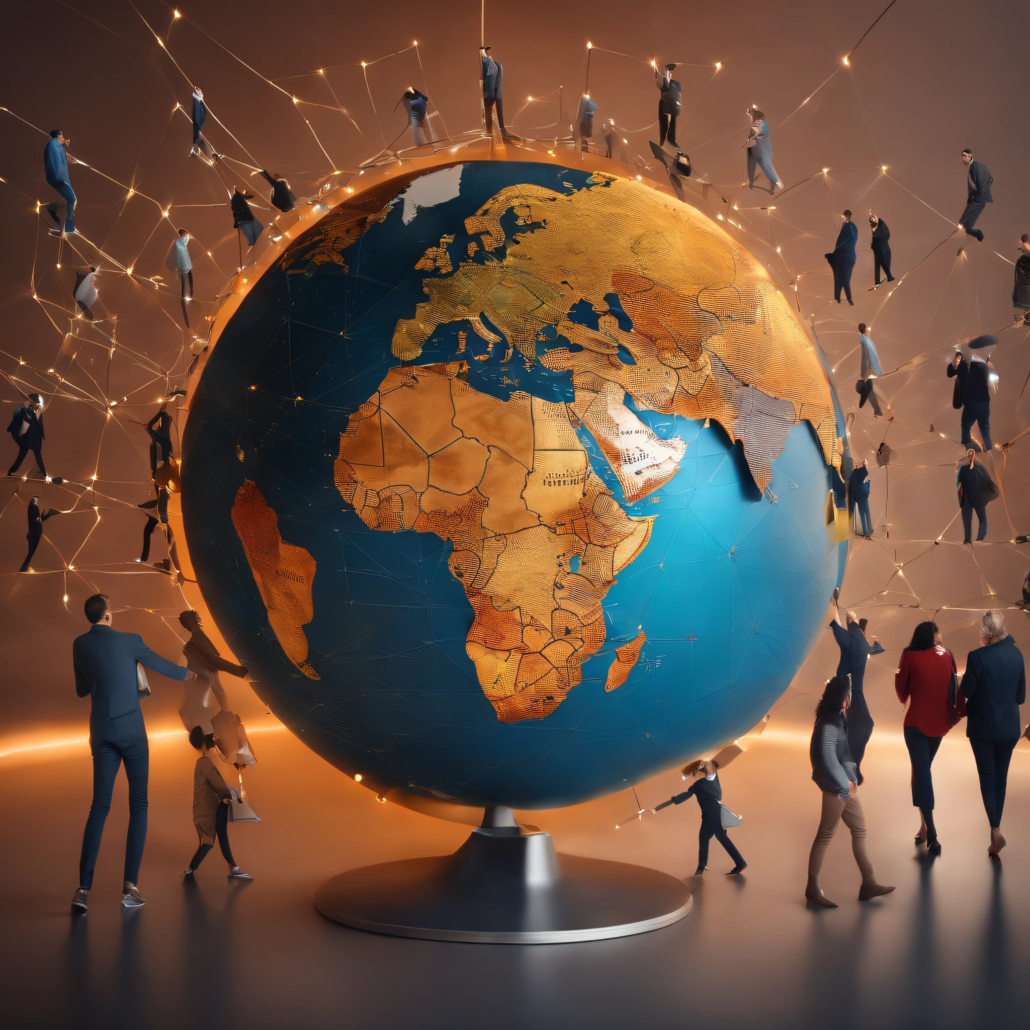 Image d'un globe avec des connexions et des personnes marchant sur le globe disperser