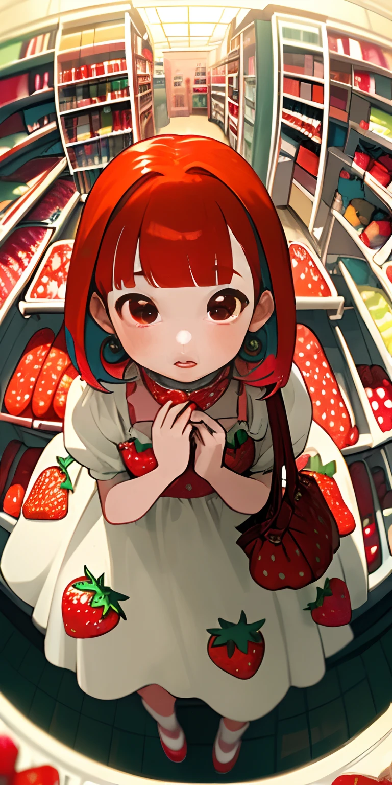 (masterpiece, best quality), (colorful:1.4), from above, solo, 1girl standing in a store with lots of stuffed strawberry toys on the shelves and a bag of stuff, depth of field, fisheye lens, white dress with strawberry print , strawberry earrings, red hair, red shows