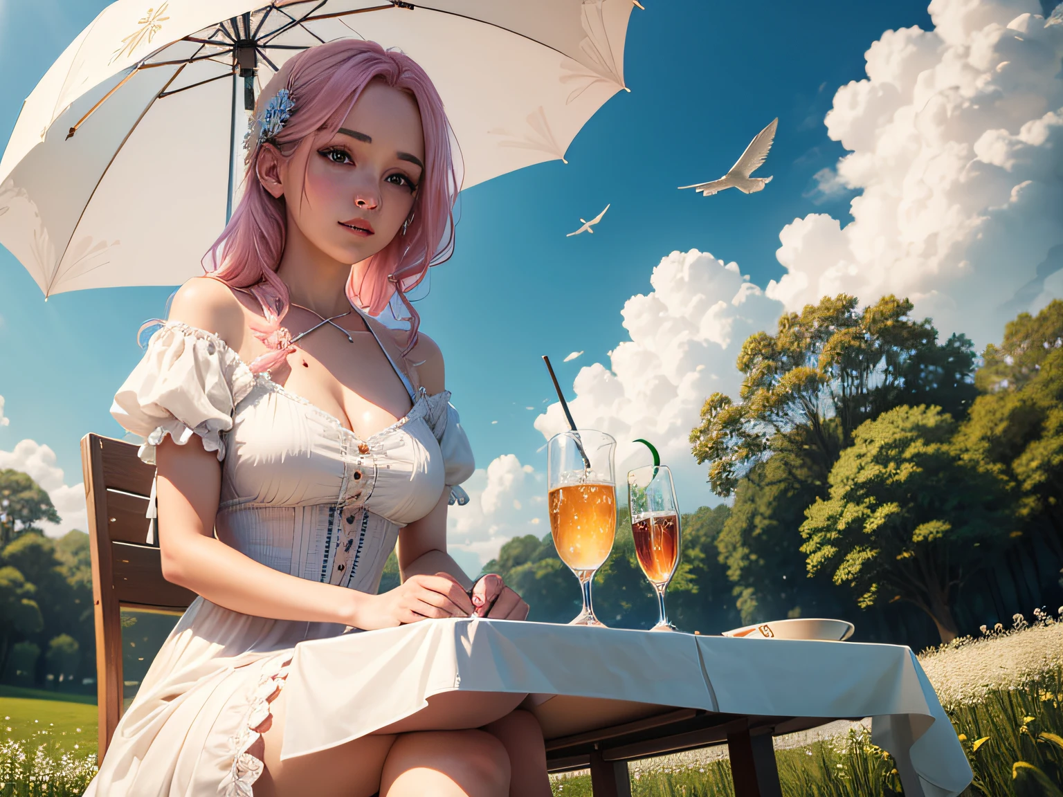 1girl sitting in nature at a white table under an umbrella and drinking from a glass, Girl sitting at the table, white table, Beautiful girl in close plan, Average Breasts, pink hair, Tender Scene, Depth of field, Beautiful trees and flowers in the background, super detaill, detailized face, Detailed hands, Beautiful dress on a girl, super quality, tmasterpiece, blue sky with clouds, Realistic light, rassejanjy world, Flying dandelions in the background