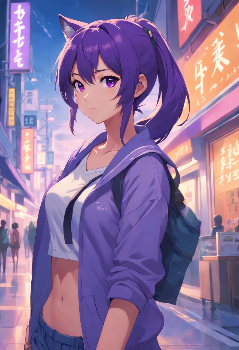 Purple ponytail, beauty, one girl, black eyes, wolf ears, wolf tail, sexy, full body
