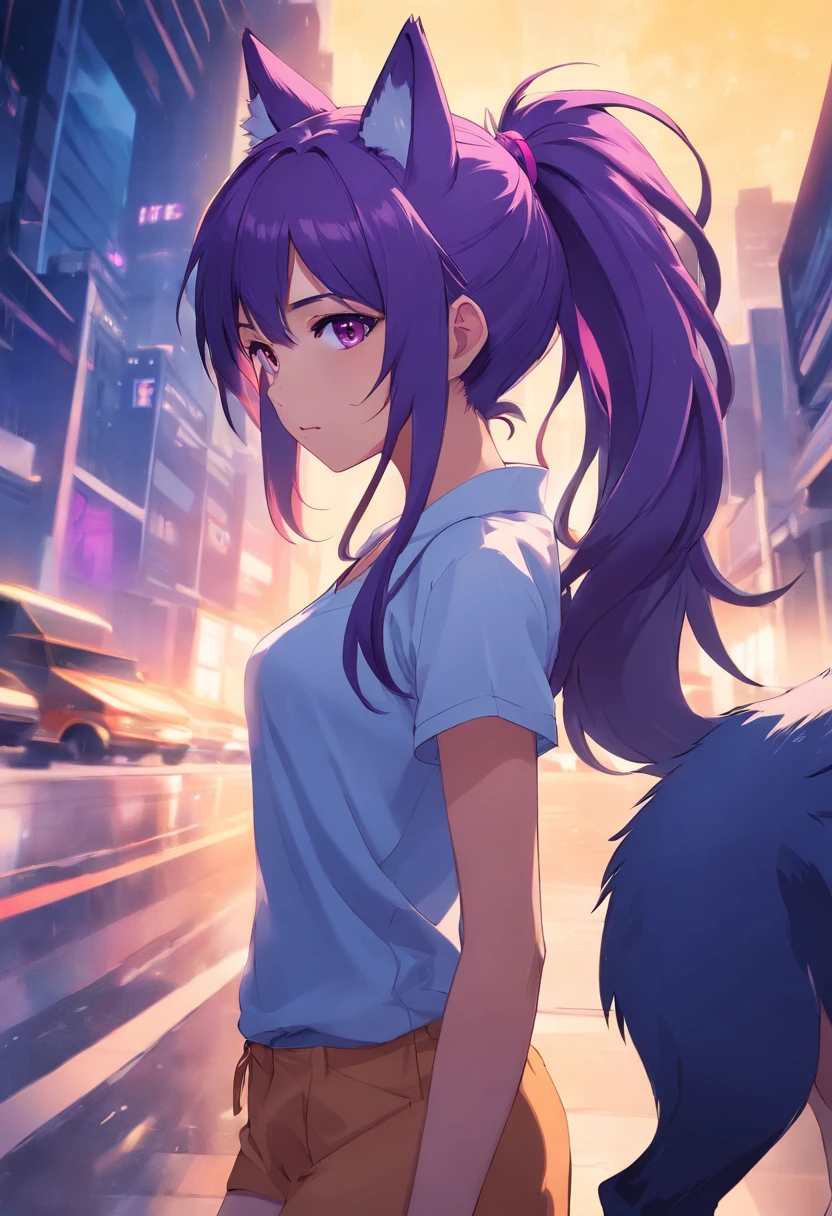 Purple ponytail, beauty, one girl, black eyes, wolf ears, wolf tail, sexy, full body