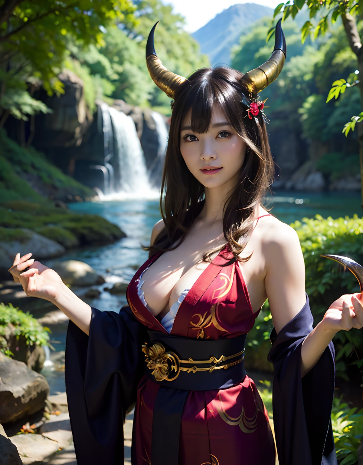(((masutepiece))),Professional , ​masterpiece、top-quality、photos realistic , depth of fields 、Raw photo、女の子1a person、glowy skin、（Vibrant poses）、(Black maple on the background of full bloom),（Ultimate Beauty）、A dark-haired、Mystical expression、ultrasharp、（shrine background)、（Kimono with beautiful pattern）、（Midnight background）、Beautiful hair ornament on the head、,(intense fighting）,（（Precipitous cliffs））,(Wear a beautiful kimono),（Wear a colorful and beautiful kimono）、cleavage of the breast、（Japan Castle Background）、Jewel Gold Weapon、Particles of light),(intense fighting）、Gorgeous gold weapons ,Castle background、（（ Gorgeous Dragon Sword）） , （a dark night）,,（maikurobikini） 、（（Black Haired Beautiful Girl））、Full Body Angle、（Castle background）、（demonic wings）、（（Gangle's forest background））、Beautiful Caucasian beauty、１a person、dynamic ungle,(((Two devil's horns on the head)))、Smaller head、Idle Smile、Thin and beautiful female hands、Mystical expression、Light Effects、intense fighting、Wind-effect、magic circles、With the legendary magic wand、Dragon's tail、Anatomically correct fingers、Full Body Angle、Anatomically correct number of fingers、