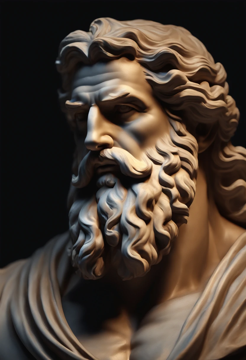 Front face of Zeus sovereign of other Greek gods which is the Greek historical status with Hercules profile muscles Cinematic 8k and dark background