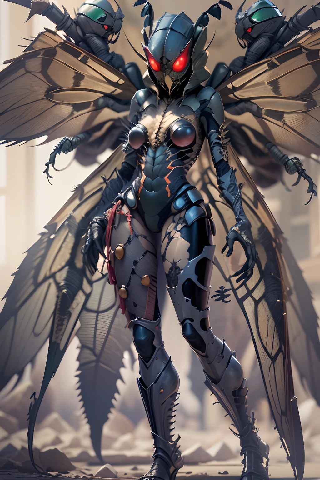 Conjoined mosquito girl with six legs, four heads and four arms