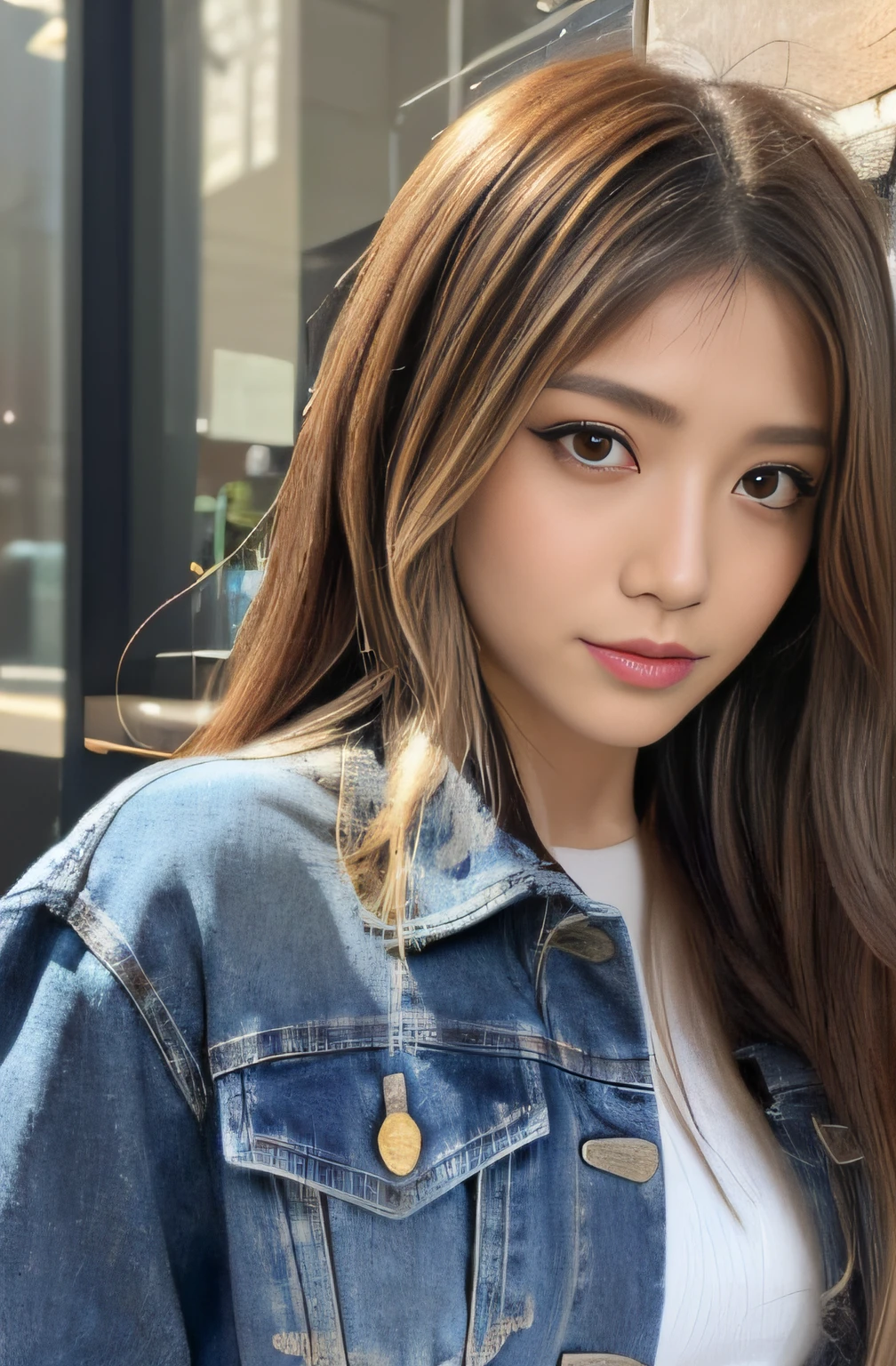 (masterpiece:1.2), ultra detailed, ultra high res, (realistic, photo realistic:1.37), high detail RAW color photo, professional photograph, an extremely delicate and beautiful, extremely detailed, finely detail, huge file size, extremely detailed beautiful girl, extremely detailed face, extremely detailed eyes, extremely detailed skin, extremely detailed nose, extremely detailed mouth, perfect anatomy, highly detailed background, shiny skin, (Japanese famous actress:1.3), flat chest, looking at viewer, (dynamic pose:1.4), dynamic lighting, denim jacket, midriff peek, (brown race, dark skin, blond hair:1.25), (shibuya;1.25), (full body:1.3),