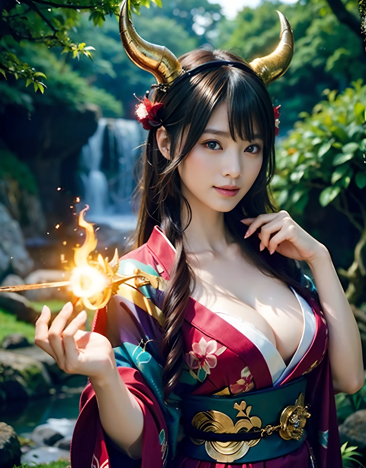 (((masutepiece))),Professional , ​masterpiece、top-quality、photos realistic , depth of fields 、Raw photo、1a person、glowy skin、（Vibrant poses）、(Black maple on the background of full bloom),（Ultimate Beauty）、A dark-haired、Mystical expression、ultrasharp、（shrine background)、（Kimono with beautiful pattern）、（Midnight background）、Beautiful hair ornament on the head、,(intense fighting）,（（Precipitous cliffs））,(Wear a beautiful kimono),（Wear a colorful and beautiful kimono）、cleavage of the breast、（Japan Castle Background）、Jewel Gold Weapon、Particles of light),(intense fighting）、Gorgeous gold weapons ,Castle background、（（ Gorgeous Dragon Sword）） , （a dark night）,,（maikurobikini） 、（（Black Haired Beautiful Girl））、Full Body Angle、（Castle background）、（demonic wings）、（（Gangle's forest background））、Beautiful Caucasian beauty、１a person、dynamic ungle,(((Two devil's horns on the head)))、Smaller head、Idle Smile、Thin and beautiful female hands、Mystical expression、Light Effects、intense fighting、Wind-effect、magic circles、With the legendary magic wand、Dragon's tail、Anatomically correct fingers、Full Body Angle、Anatomically correct number of fingers、
