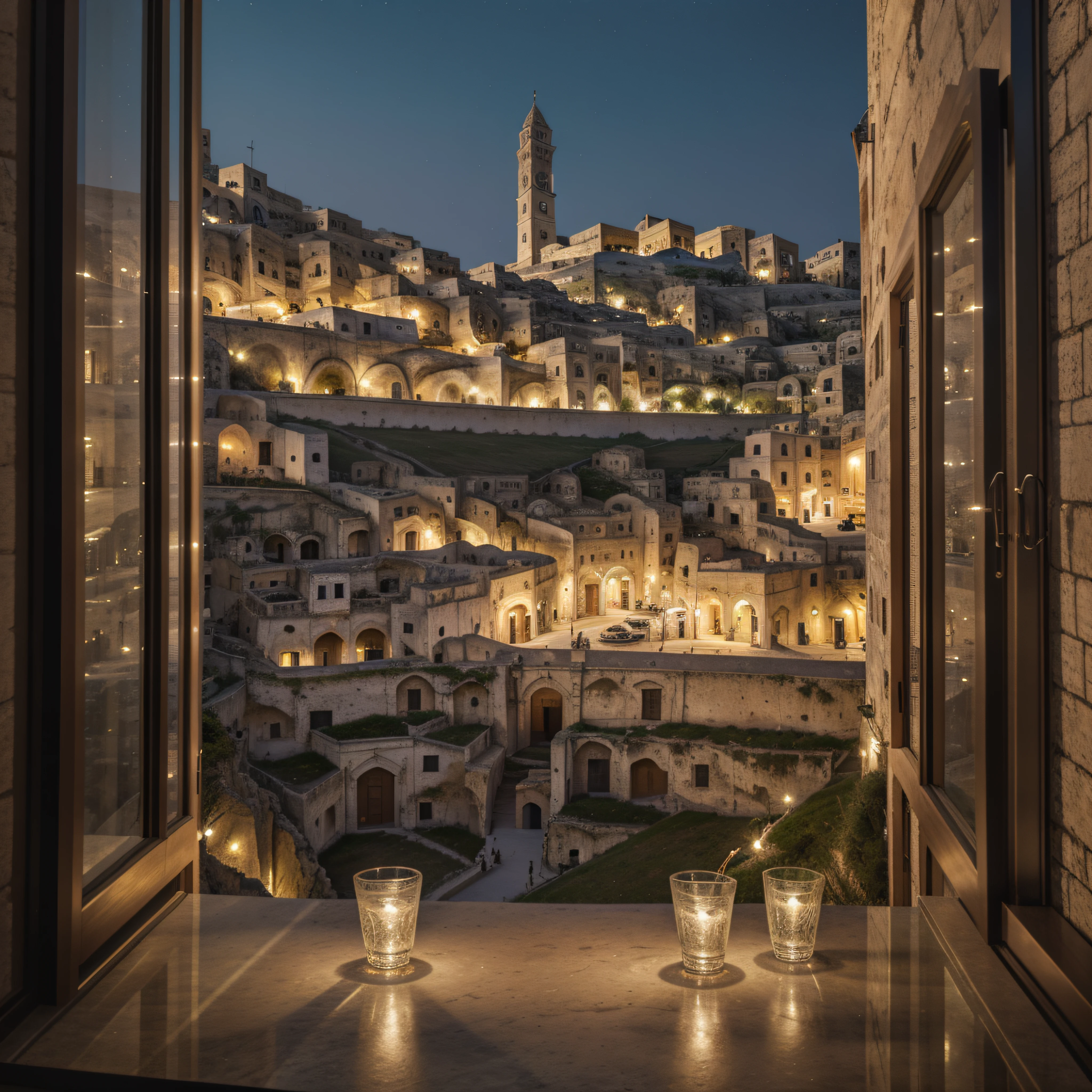 An extraordinary masterpiece that captures the "Sassi of Matera" in a seemingly ordinary glass bottle. Rendered in breathtaking 8k resolution, this piece is highly detailed, showcasing impeccable quality that truly sets it apart, (mid-night background)