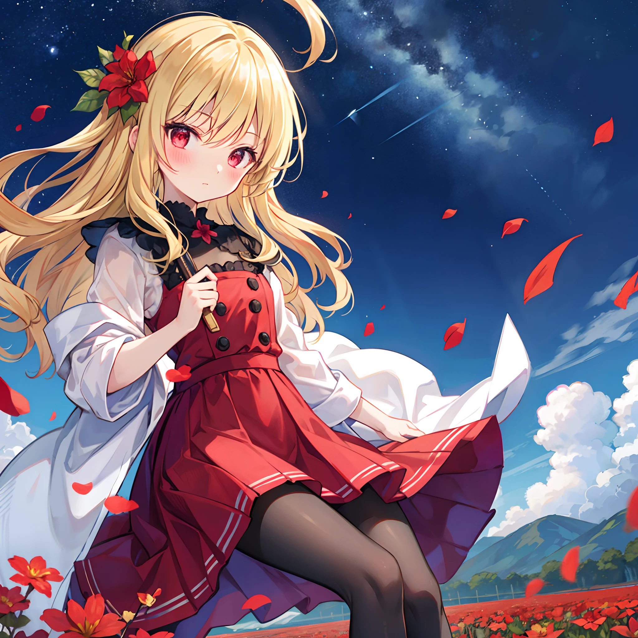 Wavy blonde、bow ribbon、red eyes、Beautiful girl alone、red blush、Fluffy clothes、off shoulders、Raw feet、flower  field、