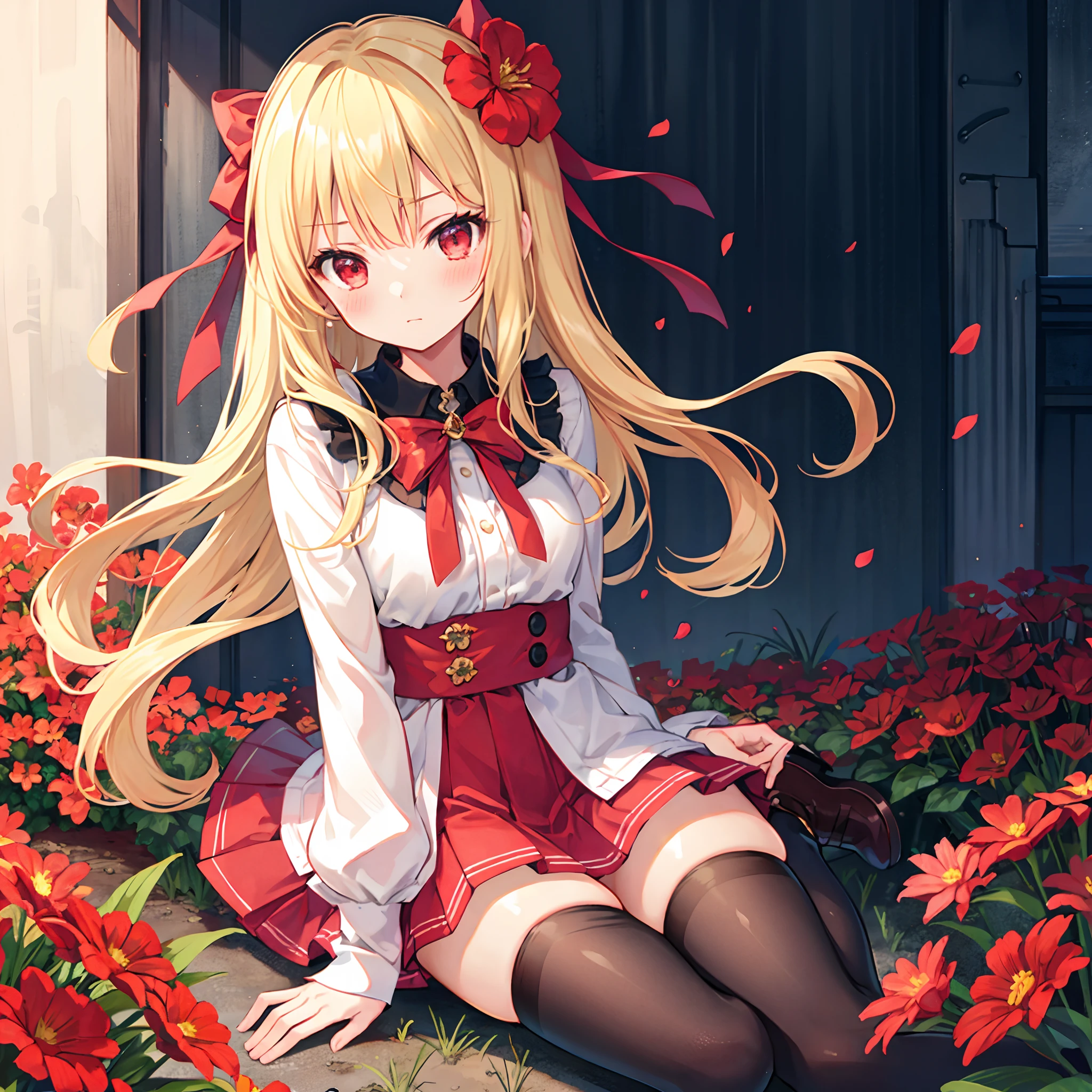 Wavy blonde、bow ribbon、red eyes、Beautiful girl alone、red blush、Fluffy clothes、a miniskirt、Black tights、flower field