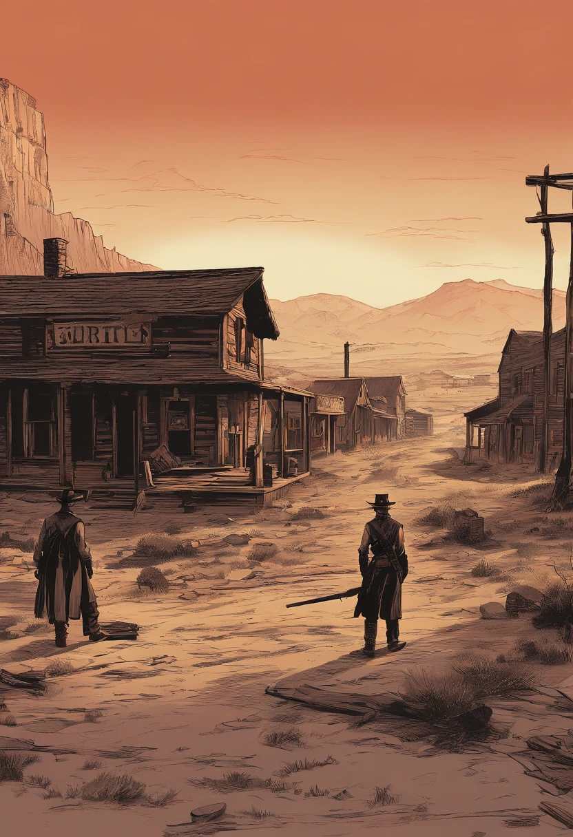 (best quality, highres, ultra-detailed, realistic:1.37), portraits, medium:oil painting, vivid colors, dramatic lighting, Western theme, dusty atmosphere, abandoned saloon, wooden buildings, a setting sun casting long shadows, aged and worn costumes, two rugged Gunslingers, detailed expressions on their faces, intense and focused eyes, weathered skin, characteristic facial hair, distinctive hats, leather holsters, gun belts, Old West revolvers, fingers hovering over the triggers, anticipation in the air, intense standoff, tense atmosphere, suspenseful moment, spectators anxiously watching, empty street, deserted town, a tumbleweed rolling by, Red Dead Redemption 2-inspired scenery, cinematic composition, dynamic angles, action-packed scene