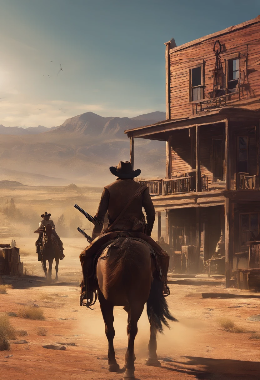 (best quality, highres, ultra-detailed, realistic:1.37), portraits, medium:oil painting, vivid colors, dramatic lighting, Western theme, dusty atmosphere, abandoned saloon, wooden buildings, a setting sun casting long shadows, aged and worn costumes, two rugged Gunslingers, detailed expressions on their faces, intense and focused eyes, weathered skin, characteristic facial hair, distinctive hats, leather holsters, gun belts, Old West revolvers, fingers hovering over the triggers, anticipation in the air, intense standoff, tense atmosphere, suspenseful moment, spectators anxiously watching, empty street, deserted town, a tumbleweed rolling by, Red Dead Redemption 2-inspired scenery, cinematic composition, dynamic angles, action-packed scene