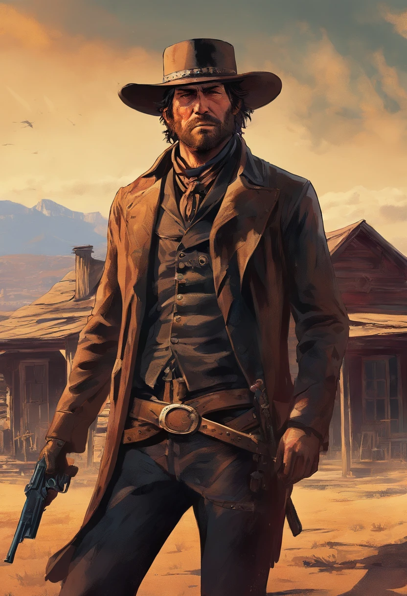 (best quality, highres, ultra-detailed, realistic:1.37), portraits, medium:oil painting, vivid colors, dramatic lighting, Western theme, dusty atmosphere, abandoned saloon, wooden buildings, a setting sun casting long shadows, aged and worn costumes, two rugged Gunslingers, detailed expressions on their faces, intense and focused eyes, weathered skin, characteristic facial hair, distinctive hats, leather holsters, gun belts, Old West revolvers, fingers hovering over the triggers, anticipation in the air, intense standoff, tense atmosphere, suspenseful moment, spectators anxiously watching, empty street, deserted town, a tumbleweed rolling by, Red Dead Redemption 2-inspired scenery, cinematic composition, dynamic angles, action-packed scene