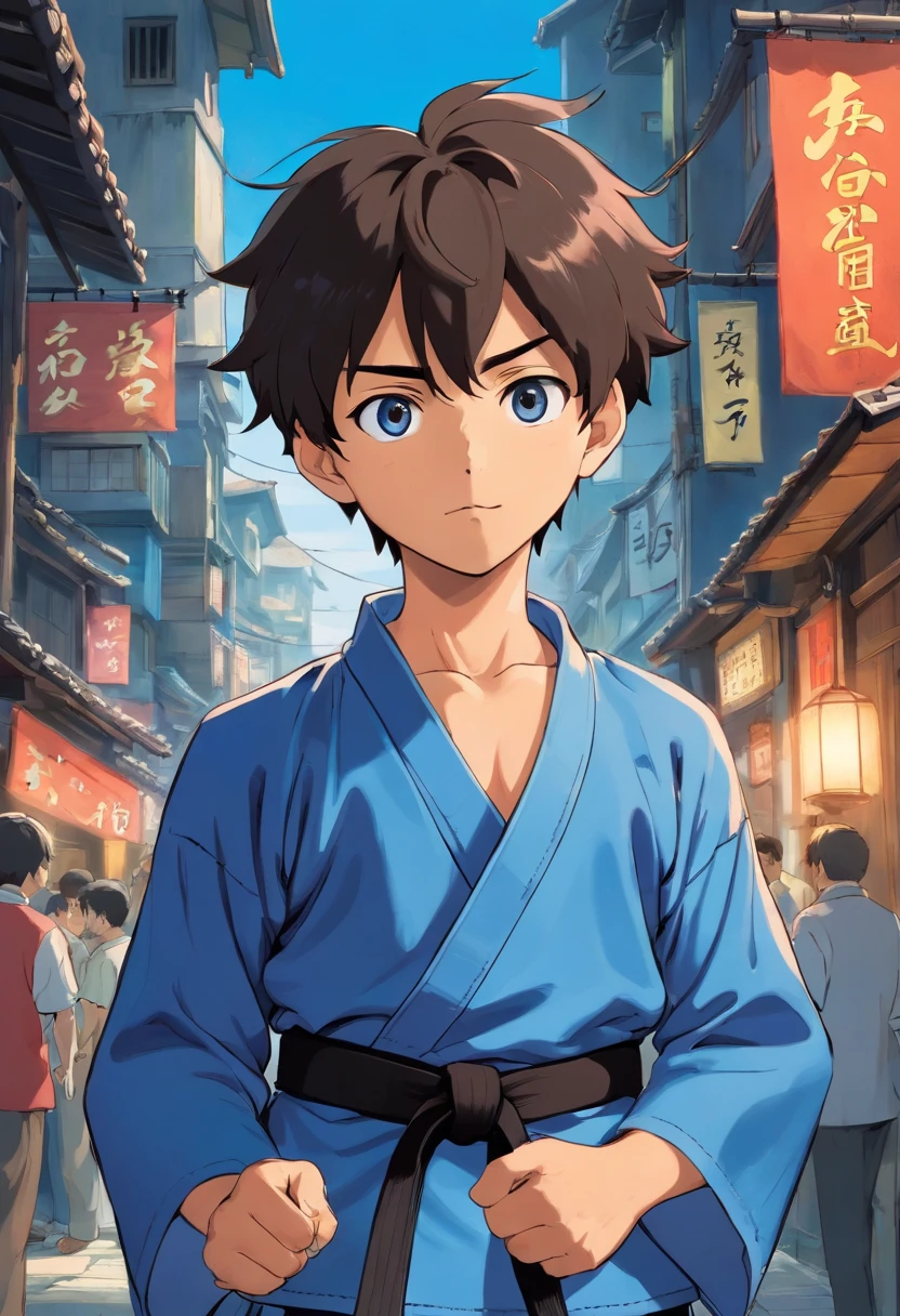 Man, young man looking fixedly, black race color, fine detail, vibrant colors, looking at me, judo sportswear, blue color and black belt