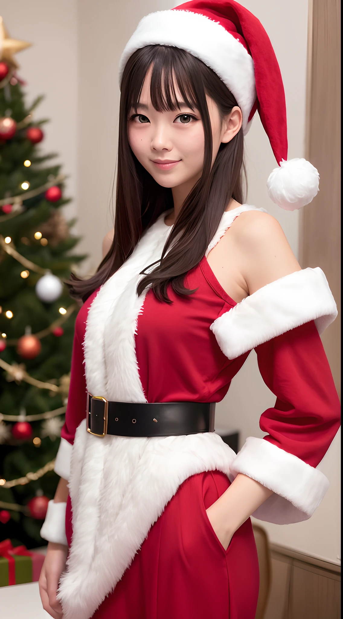 masutepiece、Best Quality、ultra-detailliert、Top image quality、1 persons、santa costume、snowscape、Christmas tree、Female, 20 years old