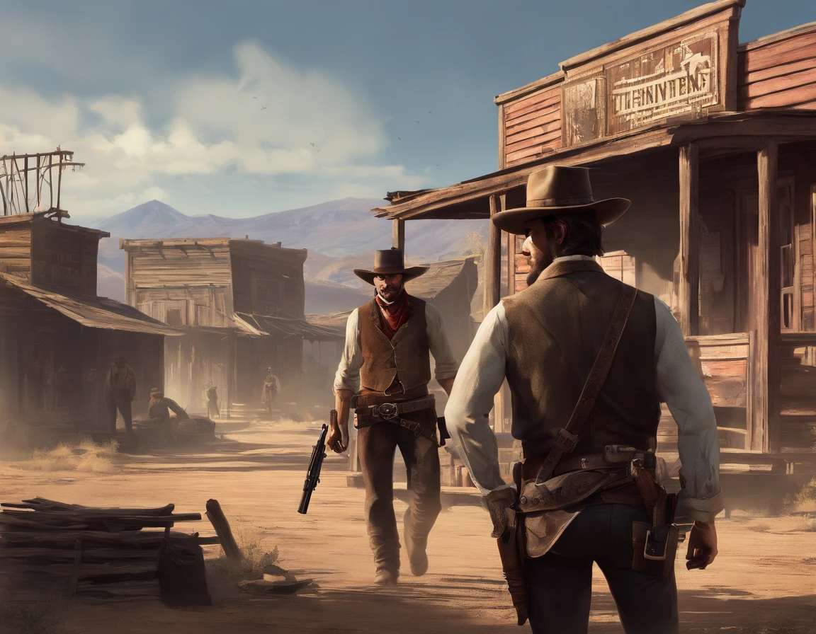 (best quality, highres, ultra-detailed, realistic:1.37), portraits, medium:oil painting, vivid colors, dramatic lighting, Western theme, dusty atmosphere, abandoned saloon, wooden buildings, a setting sun casting long shadows, aged and worn costumes, two rugged Gunslingers, detailed expressions on their faces, intense and focused eyes, weathered skin, characteristic facial hair, distinctive hats, leather holsters, gun belts, Old West revolvers, fingers hovering over the triggers, anticipation in the air, intense standoff, tense atmosphere, suspenseful moment, spectators anxiously watching, empty street, deserted town, a tumbleweed rolling by, Red Dead Redemption 2-inspired scenery, cinematic composition, dynamic angles, action-packed scene