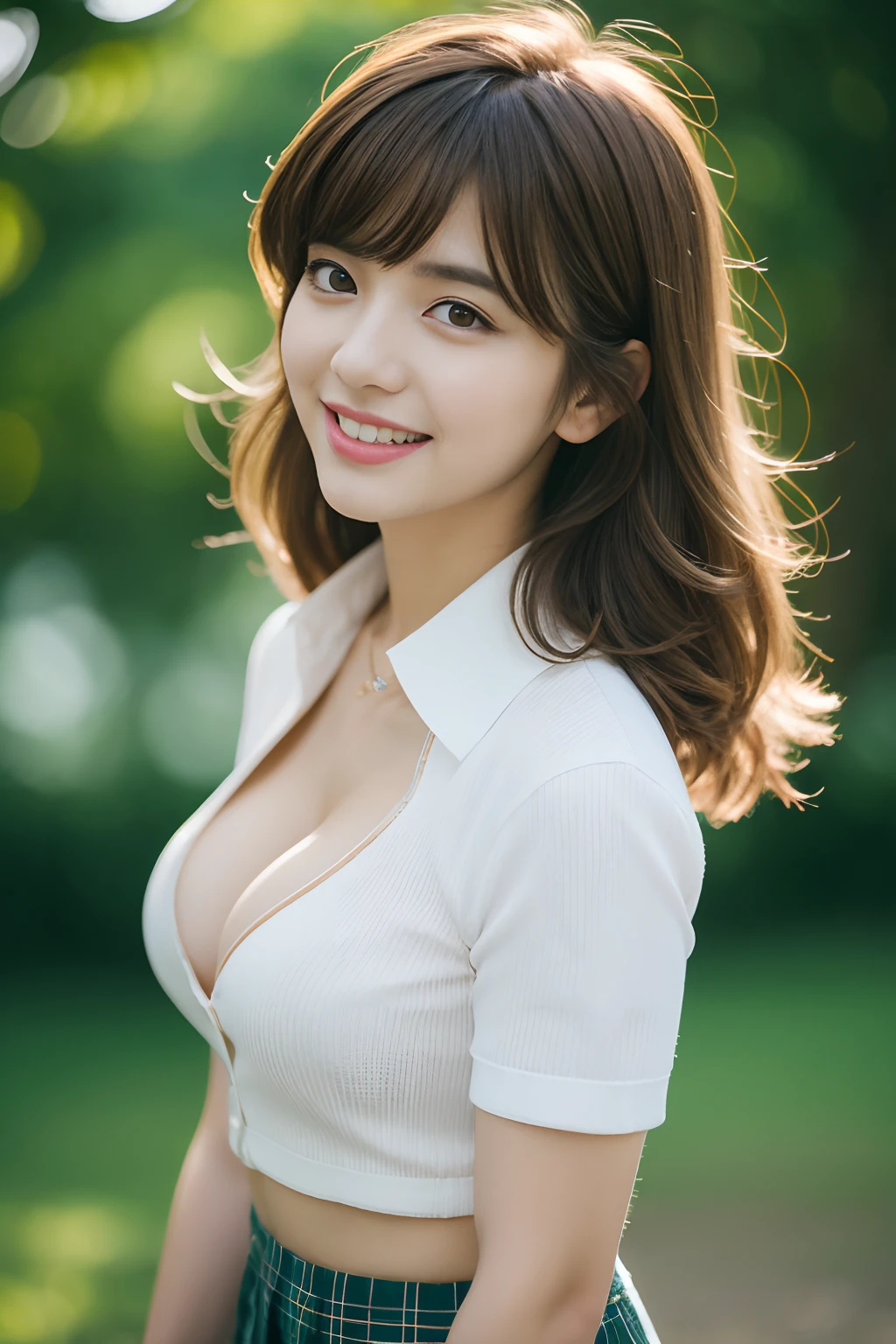 nsfw, 8K raw photo, Best quality, masterpiece, ultra high res, film grain, filmg, 1girl, looking at viewer, natural skin texture, realistic eye and face details, full lips, lipstick, (makeup), red eyeshadow, fluffy short hair, messy hair, smile, close mouth, beautiful legs, tall female, skinny, slim_legs, solo, enormous breast, cleavage, Pose with buttocks facing you, ultra short skirt, ass, shirt, beautiful nature location, around flower location, (detailed background), plaid skirt, white shirt, enormous breast, cleavage, Show a little cleavage through the shirt, loafers, blurry background, blurry, holding, plaid, short sleeves, jk ribbon on the neck, jk ribbon, brown hair, bracelet, water, bangs, school uniform, jewelry, parted lips, lips, from side, pleated skirt, depth of field