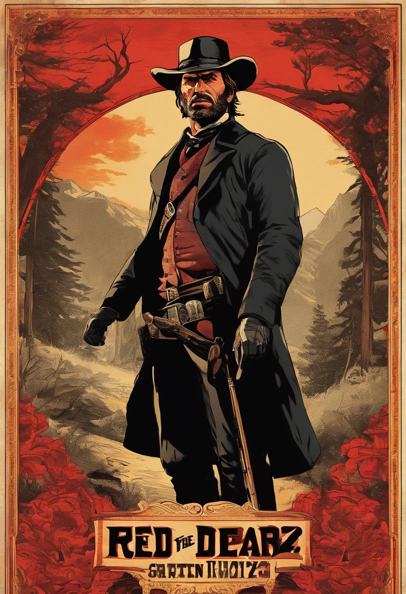 《Red Dead Redemption 2》Full body picture of a dangerous illegal gunman, Wearing a black fur coat,suit vest,clean shaven,without a beard,Detailed portrait, Vintage illustration, High-res, Realistic colors, intricate drawing, Vibrant colors, Dramatic lighting, Full body shot, There are only clean calves on the face, The whole body from the feet to the top. Eastern United States 1899 forest hut background, There are grasses and many trees,Cigarette card color,Cigarette card,Old paper texture