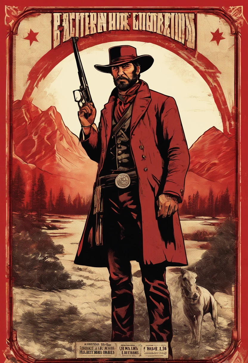 《Red Dead Redemption 2》Full body picture of a dangerous illegal gunman, Wearing a black fur coat,suit vest,clean shaven,without a beard,Detailed portrait, Vintage illustration, High-res, Realistic colors, intricate drawing, Vibrant colors, Dramatic lighting, Full body shot, There are only clean calves on the face, The whole body from the feet to the top. Eastern United States 1899 forest hut background, There are grasses and many trees,Cigarette card color,Cigarette card,Old paper texture