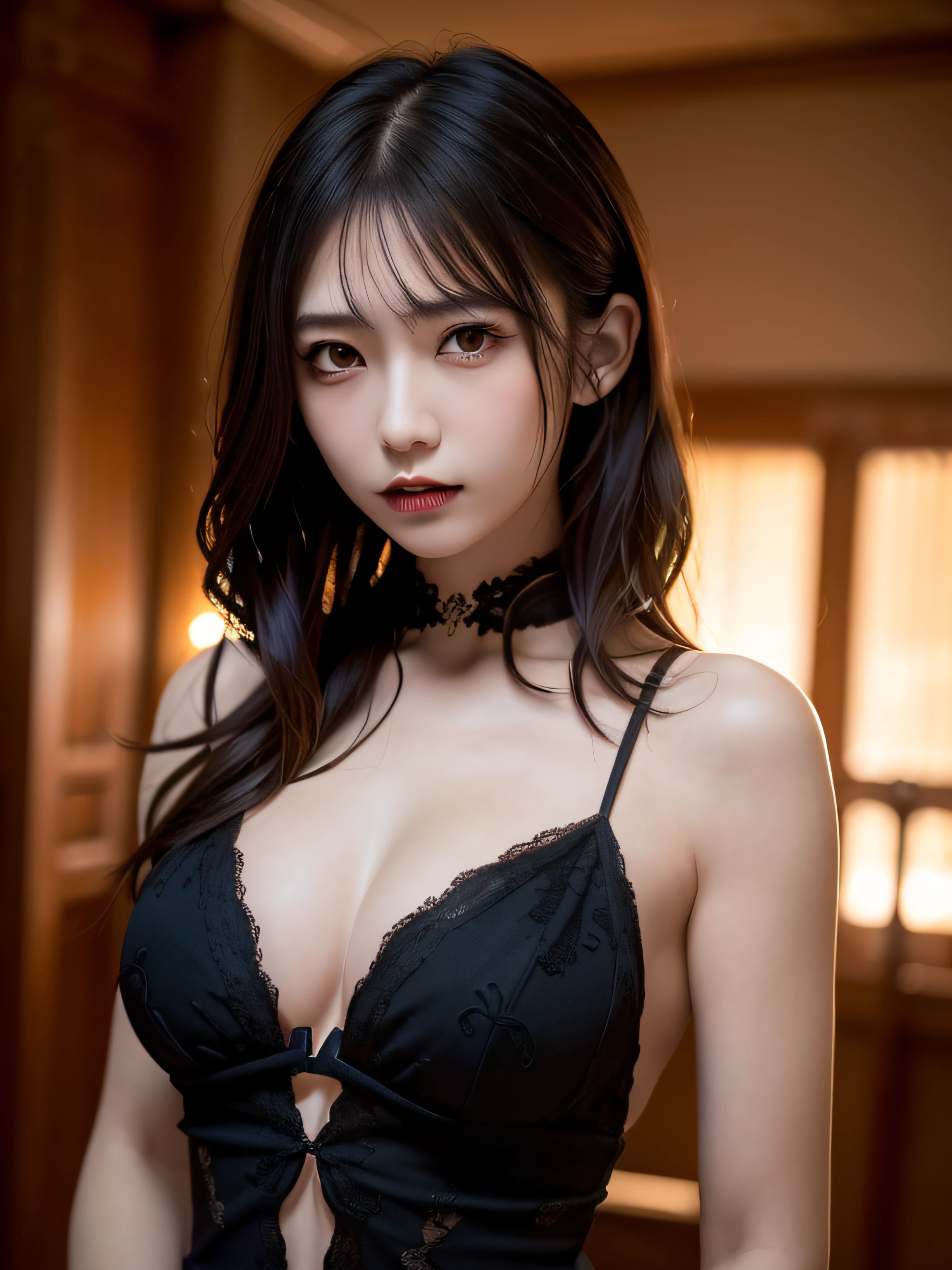 (High quality: 1.3), cinematic shot, masutepiece, (Sharp Focus: 1.5), (Photorealistic: 1.3), medium portrait (Beautiful young vampire woman, pale skin, Gothic, Still proud and fierce, Straight Black Short Bob Hair, Dark look, Dressed in a highly detailed dark tunic, Dark atmosphere, however、Engrave shapes with a sharp chiaroscuro), it is night, (highly detailedskin), (Detailed face), Detailed background, Dark lighting, Twilight Lighting, Volumetric lighting, intricate-detail, nffsw,