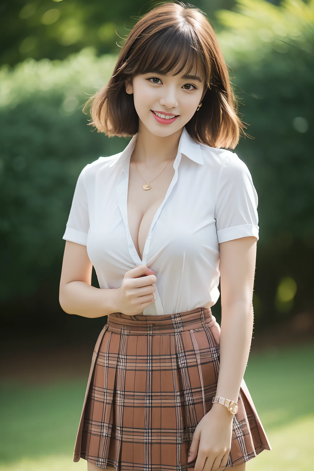 nsfw, 8K raw photo, Best quality, masterpiece, ultra high res, film grain, filmg, 1girl, looking at viewer, natural skin texture, realistic eye and face details, full lips, lipstick, (makeup), red eyeshadow, fluffy short hair, messy hair, smile, close mouth, beautiful legs, tall female, skinny, slim_legs, solo, enormous breast, cleavage, Pose with buttocks facing you, ultra short skirt, ass, shirt, beautiful nature location, around flower location, (detailed background), plaid skirt, white shirt, enormous breast, cleavage, Show a little cleavage through the shirt, loafers, blurry background, blurry, holding, plaid, short sleeves, jk ribbon on the neck, jk ribbon, brown hair, bracelet, water, bangs, school uniform, jewelry, parted lips, lips, from side, pleated skirt, depth of field
