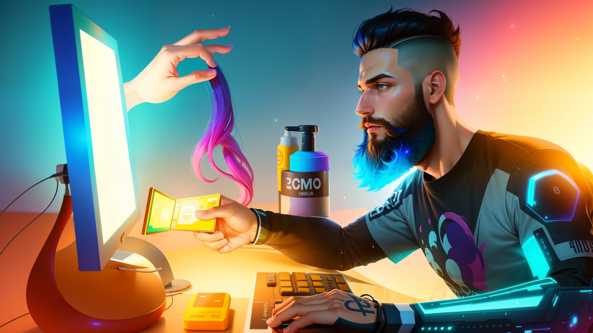 There is a man with a beard and beard sitting in front of a computer, stylized digital illustration, Arte digital estilizada, (hiper-realista), (illustration), (alta resolução), (8k), (extremamente detalhado), (best illustration), (belos olhos detalhados), (melhor qualidade), (ultra-detalhado), (obra-prima), (rosto detalhado) vestindo roupas casuais, Highly detailed CG illustration,holographic design, promotional render, Cyril Rolando e Goro Fujita, Nenhum estilo de Cyril Rolando, cyberpunk ads, Beeple e Mike Winkelmann, style hybrid mix of beeple, inspirado em Cyril Rolando