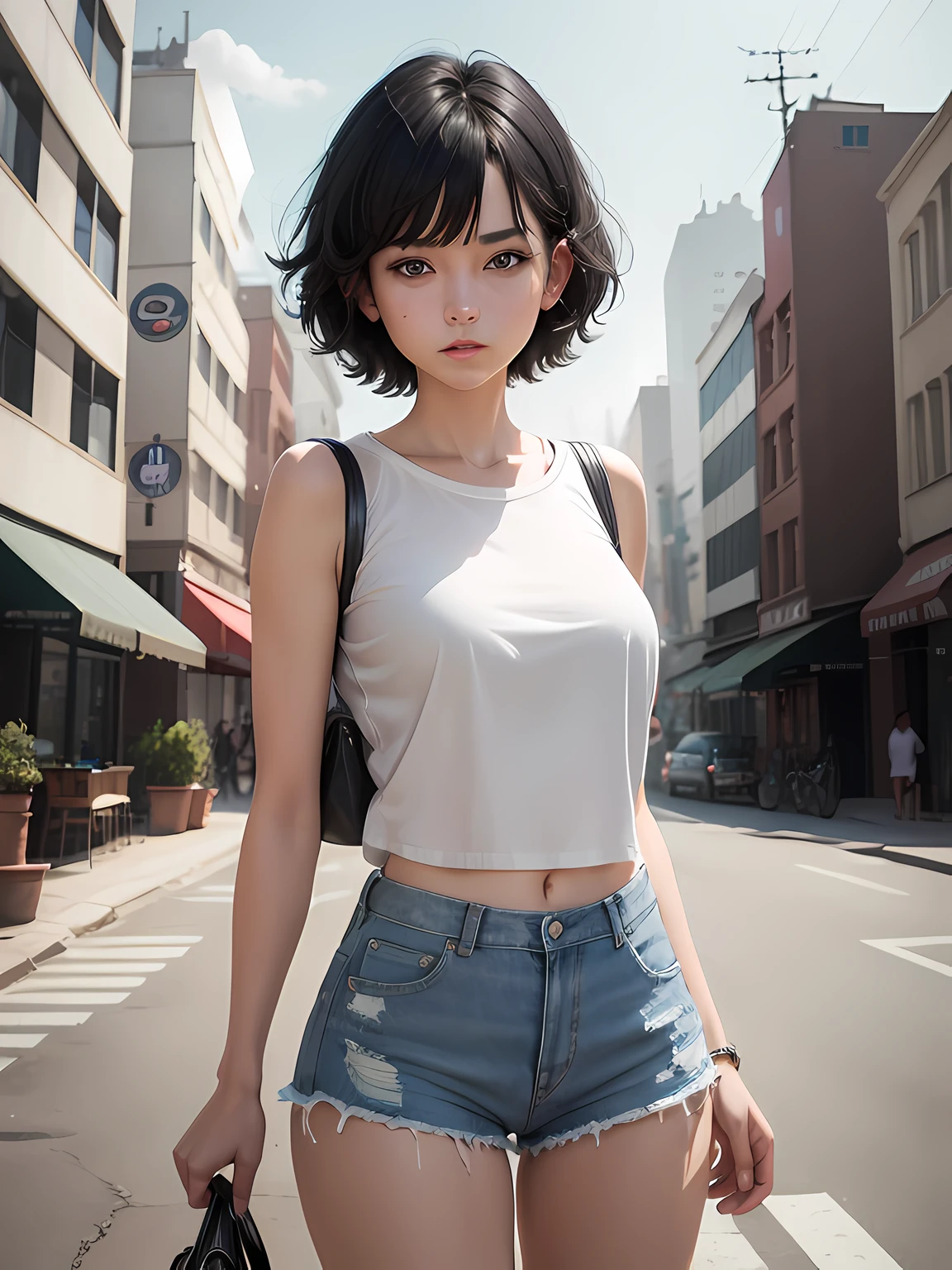 1girl, short black hair, blue eyes, wearing plain white shirt, denim shorts, city, absurdres, high res, ultrasharp, 8K, masterpiece, looking at viewer