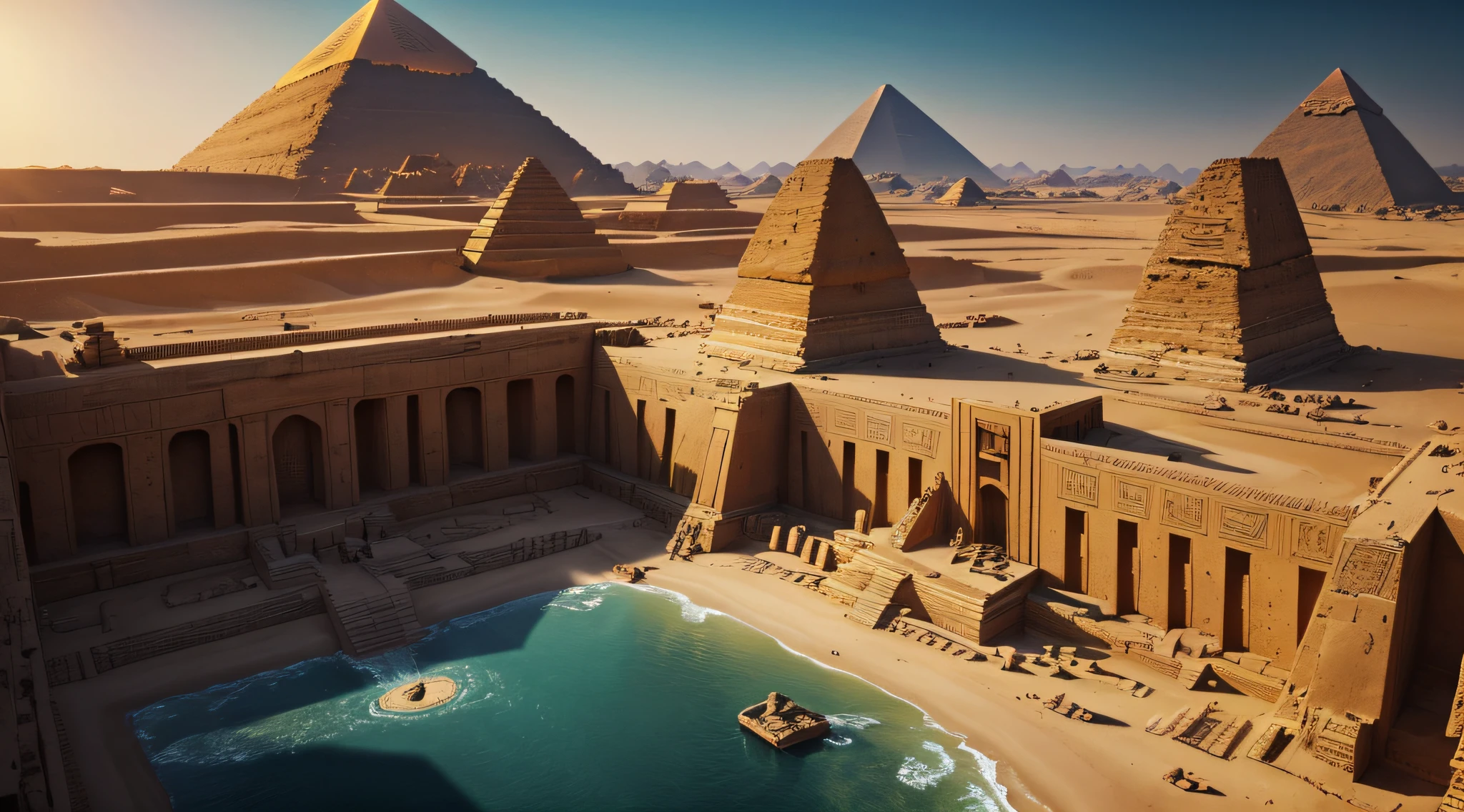 Ultra vision,Shiva,Egyptian mythological style,pyramid,A desert,pools of water,precision,Beautiful,8k,tmasterpiece,
