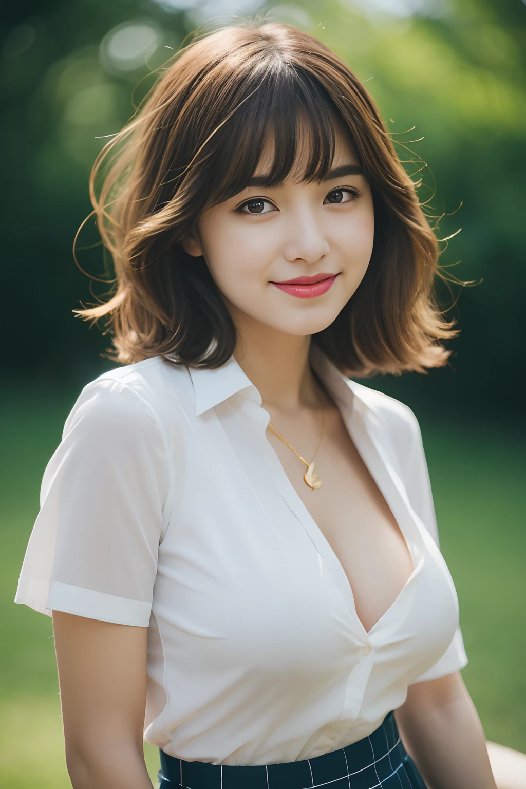 Generate with SFW, (1 girl:1.3), Cowboy Shot, Japanese, 17 year old supermodel, the body is slim, high school girl, (from before), (highest quality:1.4), 32k resolution, (Realistic:1.5), (Ultra-realistic:1.5), High resolution UHD, (masterpiece:1.2)), (Improvement of quality:1.4), (Very beautiful facial details), (Highest quality realistic skin texture:1.4), (Perfect Anatomy:1.2), (Are standing:1.37), ((school uniform)), (( White short sleeve blouse shirt:1.21)), cleavage cutout, , , ((Navy plaid pleated skirt:1.1)), (Do not emphasize the top of the bust), ((yellow background color:1.15)), Accurate Fingers, Very detailed, Symmetrical eyes, Fine eyelashes, Thinly trimmed eyebrows, View audience, Natural Makeup, [Pink lipstick], ((A good eye for quality:1.2)), (tired, Sleepy and satisfied:0.0), (Beautiful Lips:1.33), (Great nose:1.2), ((Physically Based Rendering of the Background:1.37)), (medium breast), Tight waist, (Heavy chest:1.05, slim lower body), Brown Hair, bangs, (natural wave hair :1.37), , Gentle light illuminates the face and body, Spectacular and inspiring cinema lighting, arms at sides, happy laugh, , , (the abdomen is visible),