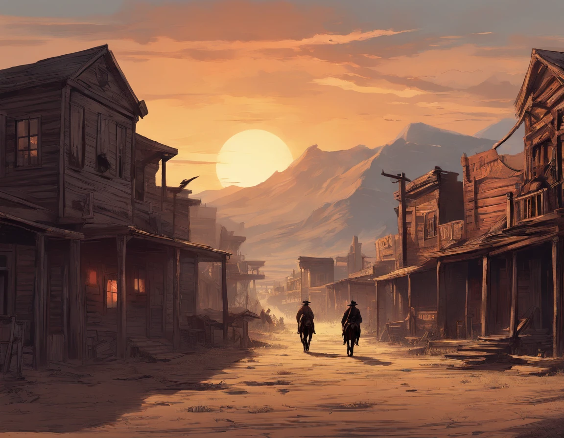 (best quality, highres, ultra-detailed, realistic:1.37), portraits, medium:oil painting, vivid colors, dramatic lighting, Western theme, dusty atmosphere, abandoned saloon, wooden buildings, a setting sun casting long shadows, aged and worn costumes, two rugged Gunslingers, detailed expressions on their faces, intense and focused eyes, weathered skin, characteristic facial hair, distinctive hats, leather holsters, gun belts, Old West revolvers, fingers hovering over the triggers, anticipation in the air, intense standoff, tense atmosphere, suspenseful moment, spectators anxiously watching, empty street, deserted town, a tumbleweed rolling by, Red Dead Redemption 2-inspired scenery, cinematic composition, dynamic angles, action-packed scene