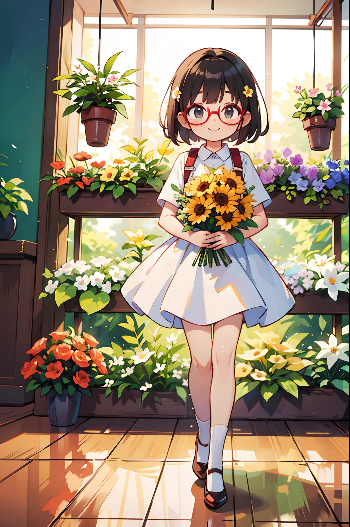 Best Quality、超A high resolution、fullllbody、Girl working in a flower shop、Making a bouquet、 Red glasses、A smile