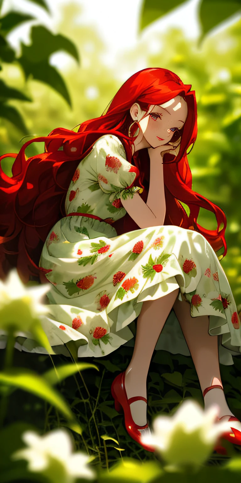 (masterpiece, best quality),1girl with long red hair sitting in a field of green plants and flowers, her hand under her chin, warm lighting, blurry foreground, wearing a white strawberries print dress, strawberry earrings, red shoes,