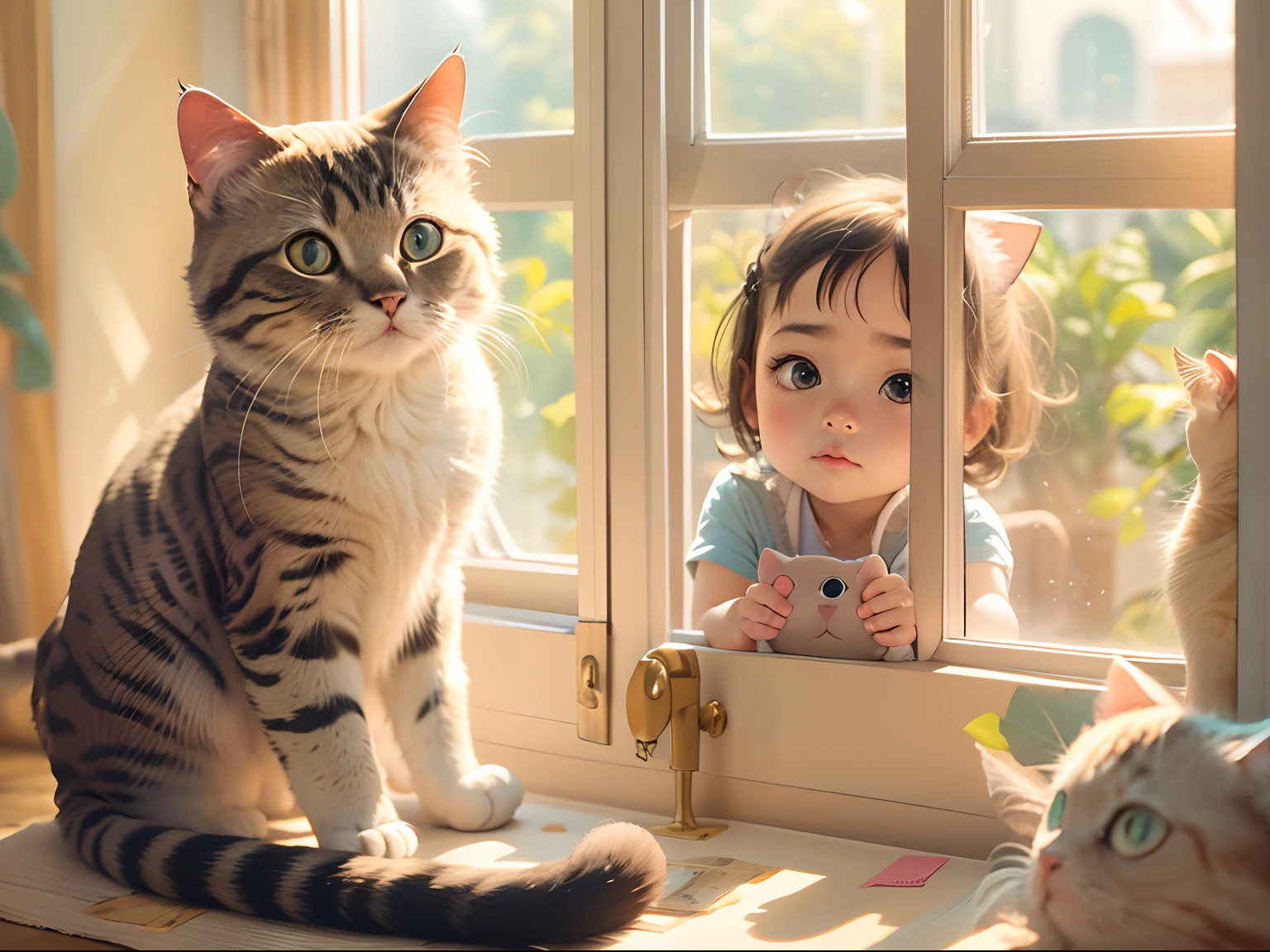 3 girl and a rounded eyes cat, Sunlight outside the window