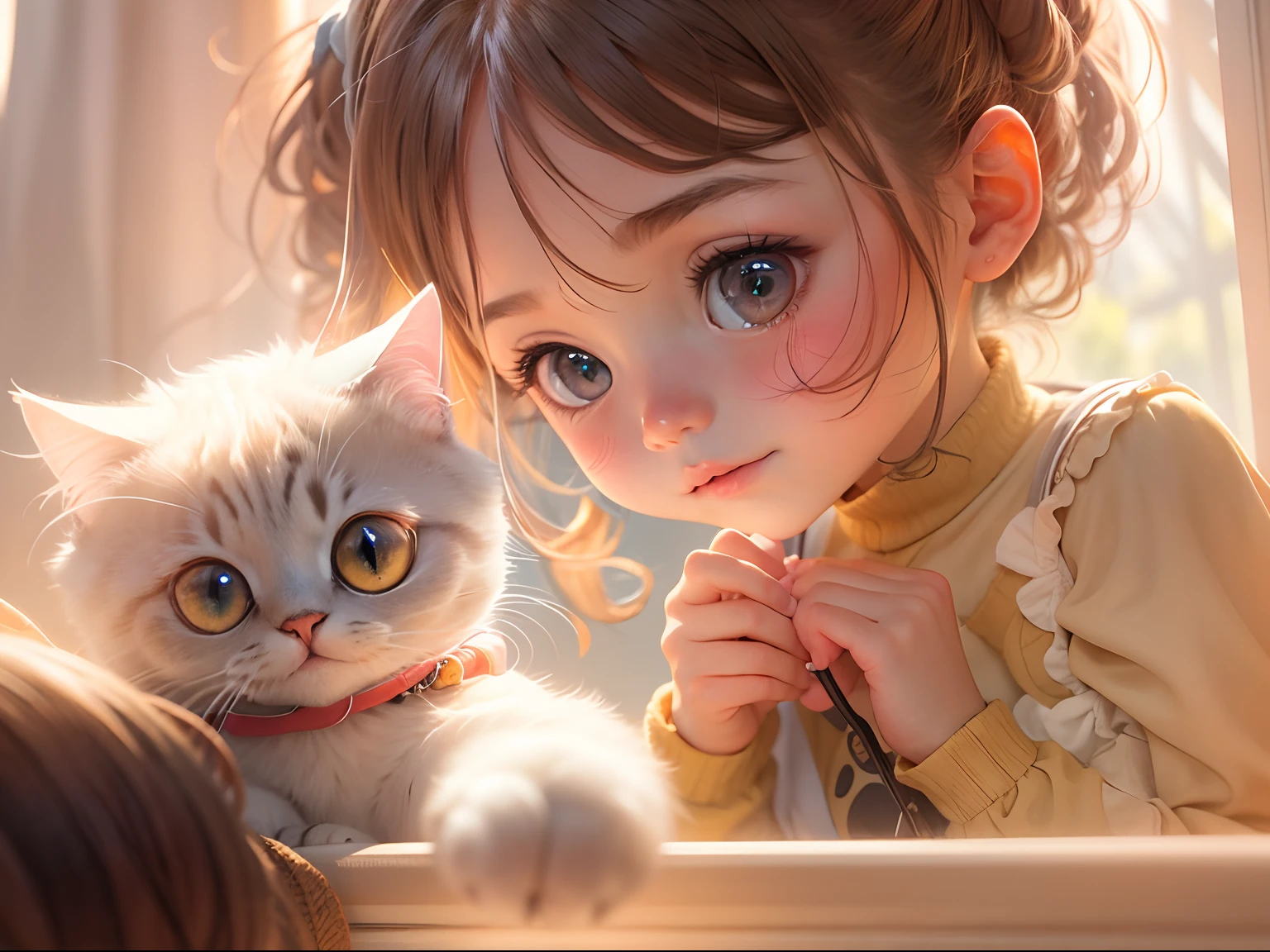 3 year old girl and a rounded eyes cat, Sunlight outside the window