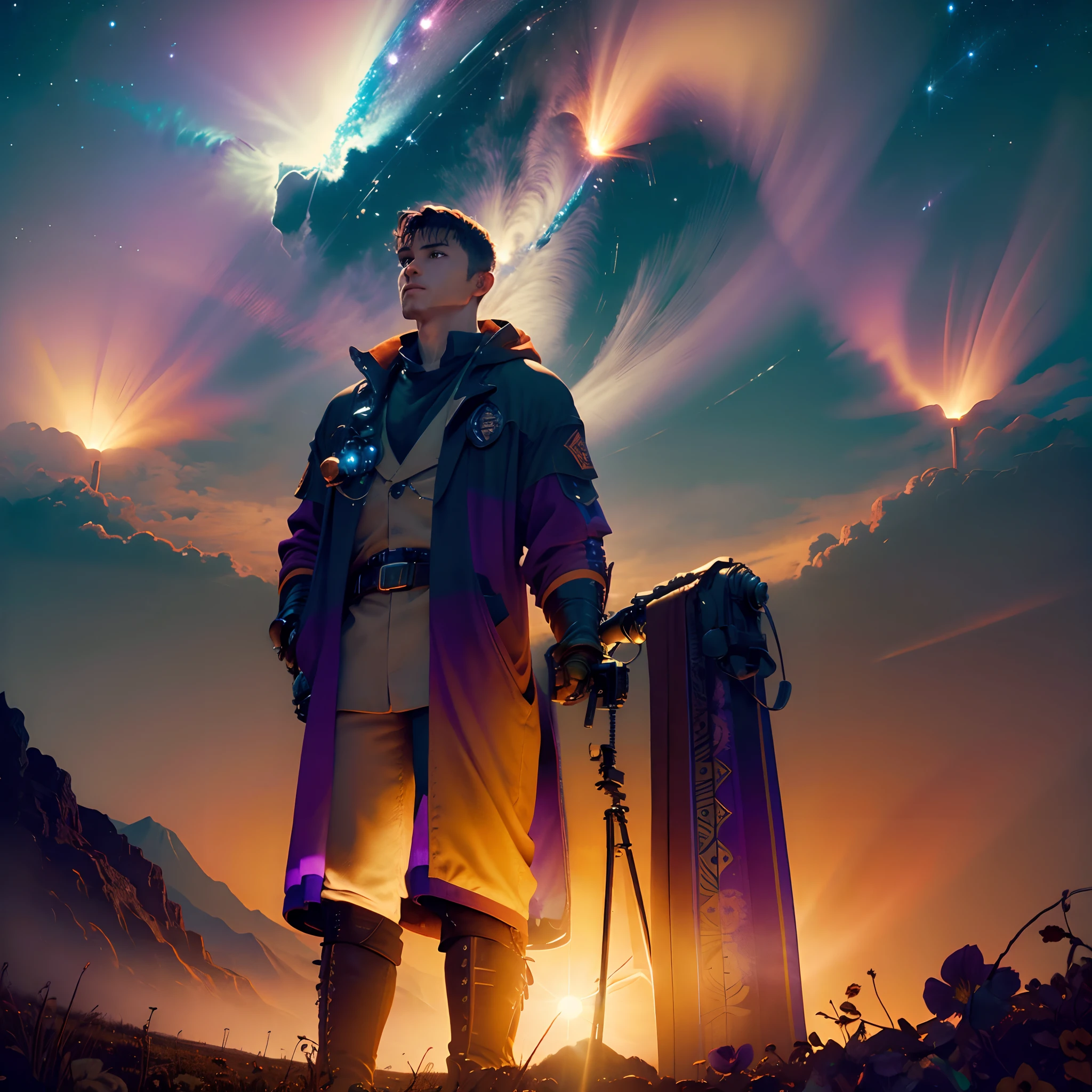 expansive landscape photograph , (a view from below that shows sky above and open field below), a man standing on flower field looking up, (Sun:1.2), ( shooting stars:0.9), (nebula:1.3), distant mountain, tree BREAK
production art, (warm light source:1.2), (Firefly:1.2), lamp, lot of purple and orange, intricate details, volumetric lighting BREAK
(masterpiece:1.2), (best quality), 4k, ultra-detailed, (dynamic composition:1.4), highly detailed, colorful details,( iridescent colors:1.2), (glowing lighting, atmospheric lighting), dreamy, magical, (solo:1.2)
