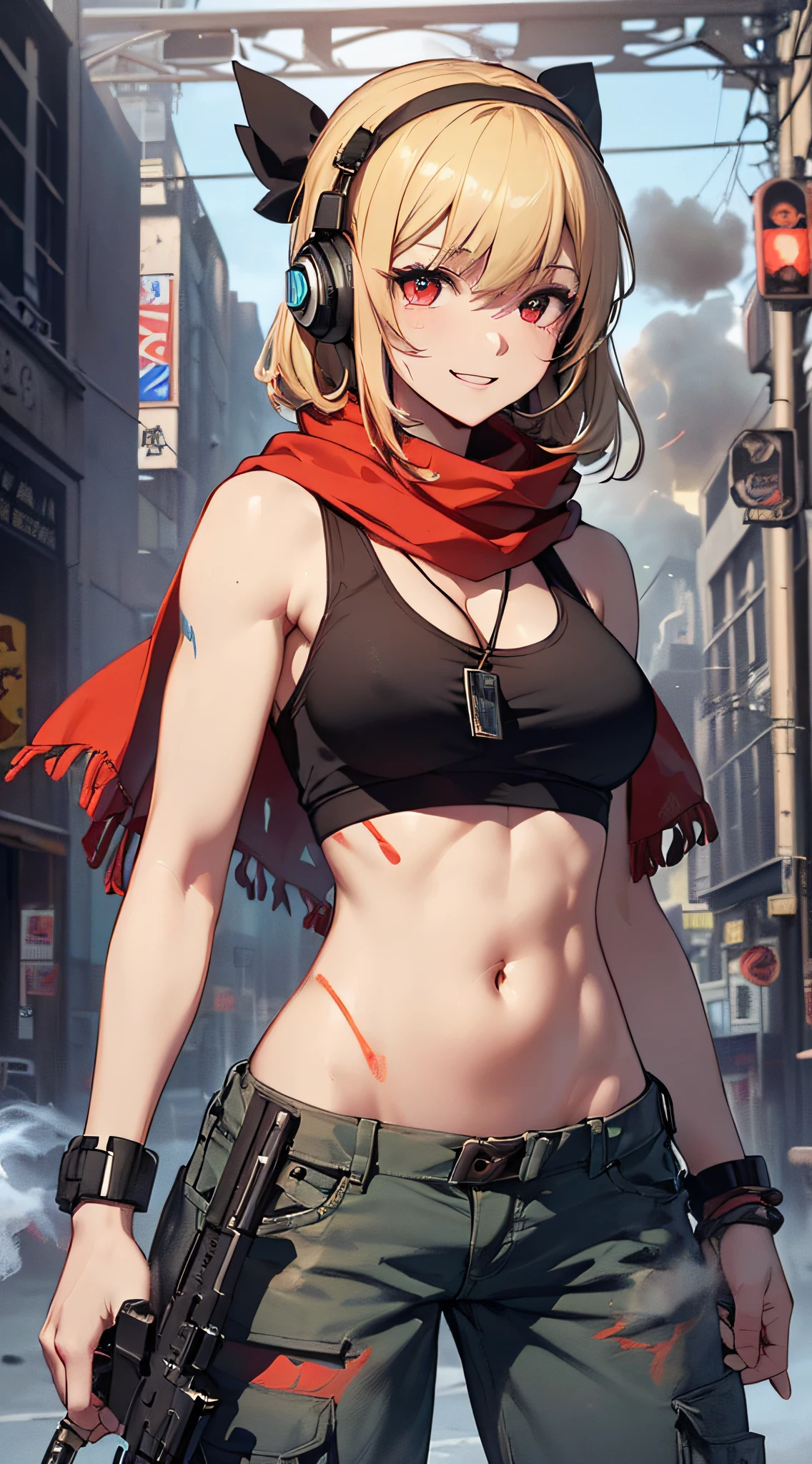 top-quality、Top image quality、masterpiece、girl with((18year old、Blue navel tank top、Military pants、Best Bust、Bust 90、Blonde Away Tail、Red Eyes、open chest wide、Valley、Happiness、A slender、ssmile、black bandana、Holding a revolver in your right hand,Earphone jack in ear、Red Body Paint、Shooter、Black scarf、dog tag、a little muscular、nffsw、Aim the gun in front))hiquality、Beautiful Art、Background with((Survival Games、Burning smoke、drone、Sunny city))、masutepiece、Elaborate design、visualart、