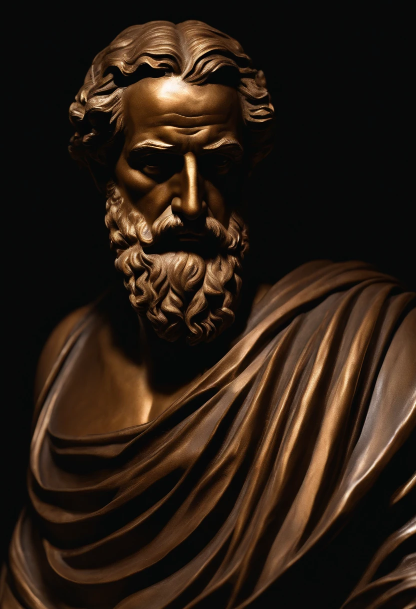 Front face of Greek philosopher bronze statue facing me Cinematic 8k and dark background