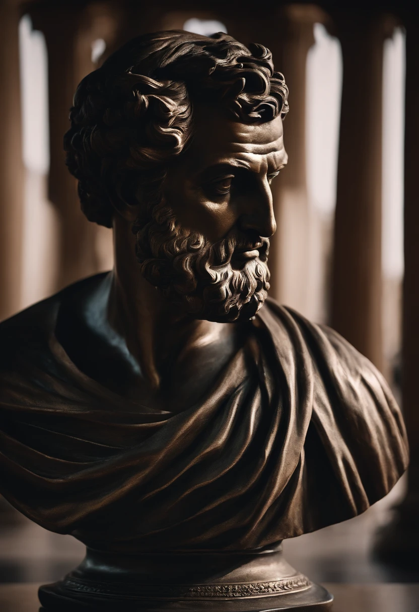 Front face of Greek philosopher bronze statue facing me Cinematic 8k and dark background