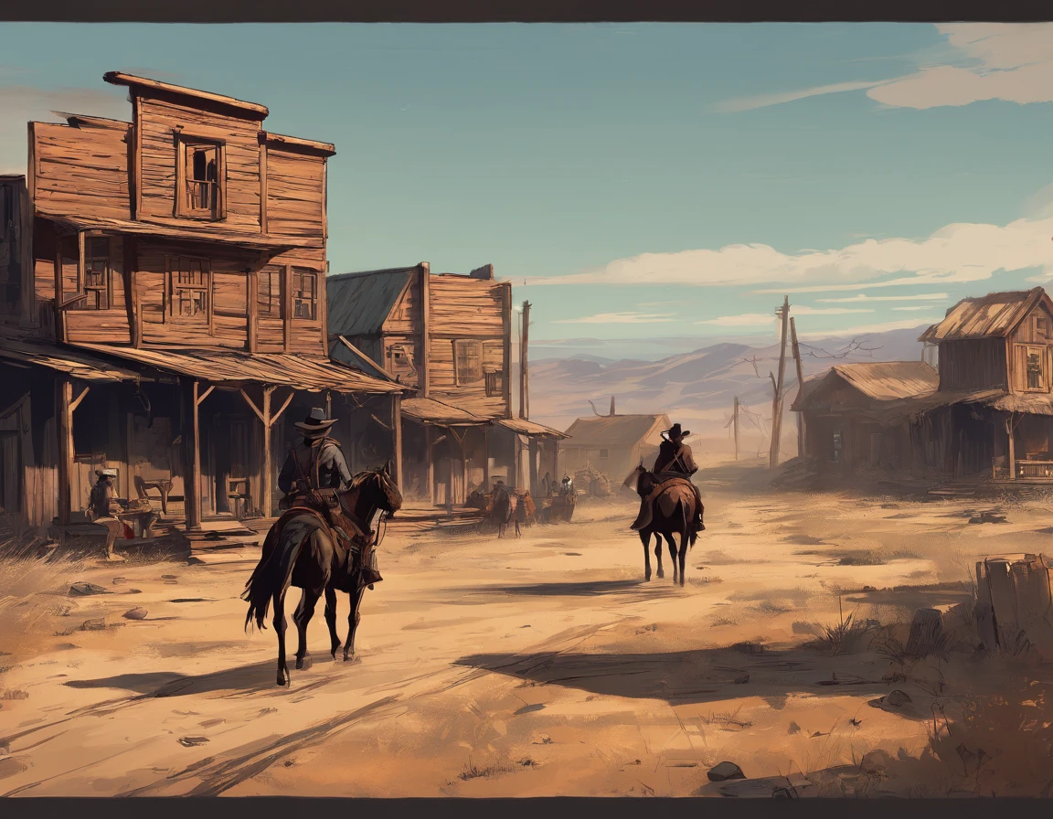 (best quality, highres, ultra-detailed, realistic:1.37), portraits, medium:oil painting, vivid colors, dramatic lighting, Western theme, dusty atmosphere, abandoned saloon, wooden buildings, a setting sun casting long shadows, aged and worn costumes, two rugged Gunslingers, detailed expressions on their faces, intense and focused eyes, weathered skin, characteristic facial hair, distinctive hats, leather holsters, gun belts, Old West revolvers, fingers hovering over the triggers, anticipation in the air, intense standoff, tense atmosphere, suspenseful moment, spectators anxiously watching, empty street, deserted town, a tumbleweed rolling by, Red Dead Redemption 2-inspired scenery, cinematic composition, dynamic angles, action-packed scene