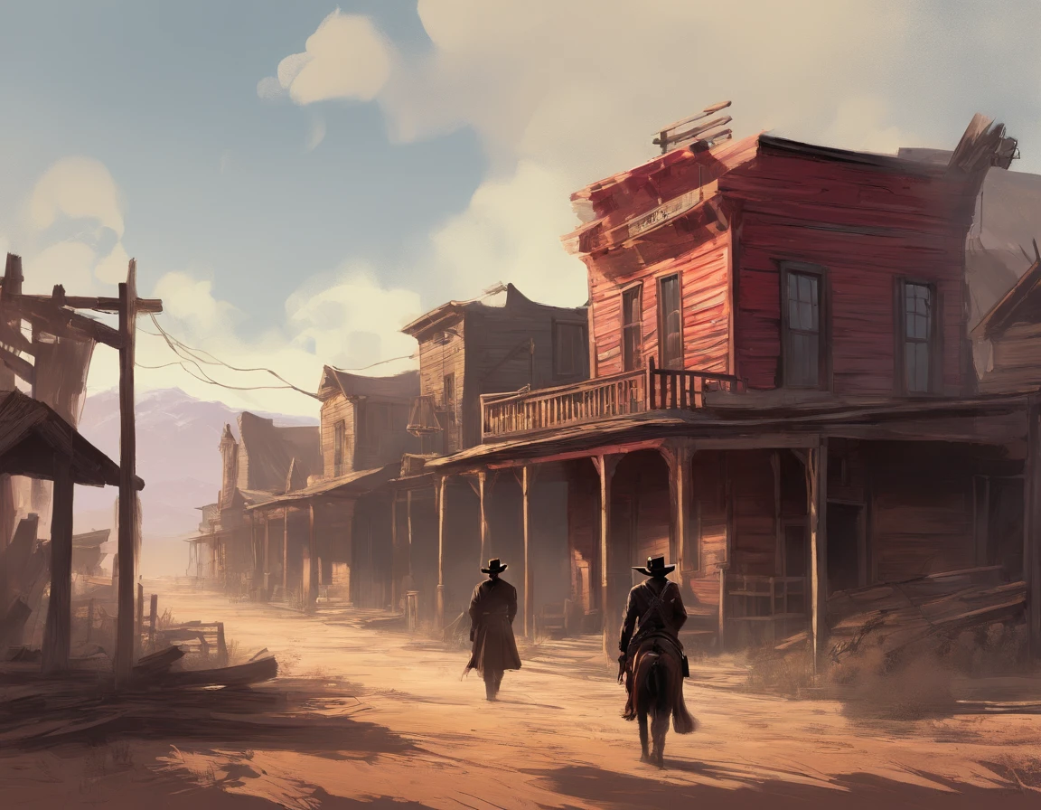 (best quality, highres, ultra-detailed, realistic:1.37), portraits, medium:oil painting, vivid colors, dramatic lighting, Western theme, dusty atmosphere, abandoned saloon, wooden buildings, a setting sun casting long shadows, aged and worn costumes, two rugged Gunslingers, detailed expressions on their faces, intense and focused eyes, weathered skin, characteristic facial hair, distinctive hats, leather holsters, gun belts, Old West revolvers, fingers hovering over the triggers, anticipation in the air, intense standoff, tense atmosphere, suspenseful moment, spectators anxiously watching, empty street, deserted town, a tumbleweed rolling by, Red Dead Redemption 2-inspired scenery, cinematic composition, dynamic angles, action-packed scene