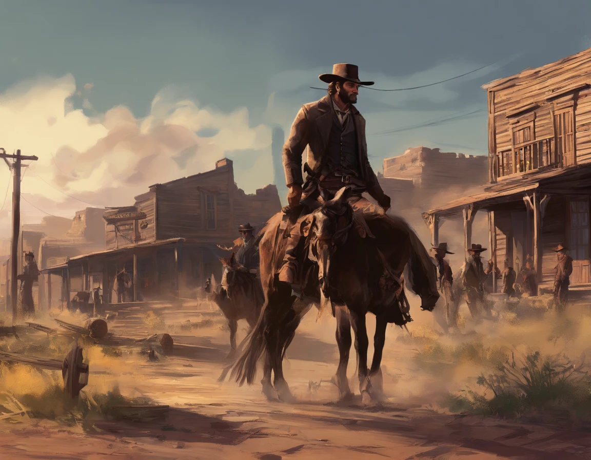 (best quality, highres, ultra-detailed, realistic:1.37), portraits, medium:oil painting, vivid colors, dramatic lighting, Western theme, dusty atmosphere, abandoned saloon, wooden buildings, a setting sun casting long shadows, aged and worn costumes, two rugged Gunslingers, detailed expressions on their faces, intense and focused eyes, weathered skin, characteristic facial hair, distinctive hats, leather holsters, gun belts, Old West revolvers, fingers hovering over the triggers, anticipation in the air, intense standoff, tense atmosphere, suspenseful moment, spectators anxiously watching, empty street, deserted town, a tumbleweed rolling by, Red Dead Redemption 2-inspired scenery, cinematic composition, dynamic angles, action-packed scene