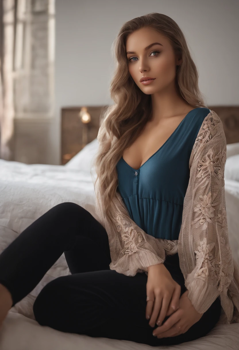 arafed woman fully , sexy girl with blue eyes, ultra realistic, meticulously detailed, portrait sophie mudd, blonde hair and large eyes, selfie of a young woman, bedroom eyes, violet myers, without makeup, natural makeup, looking directly at the camera, face with artgram, subtle makeup, stunning full body shot kneeling on bed, in bedroom, medium to large size bust