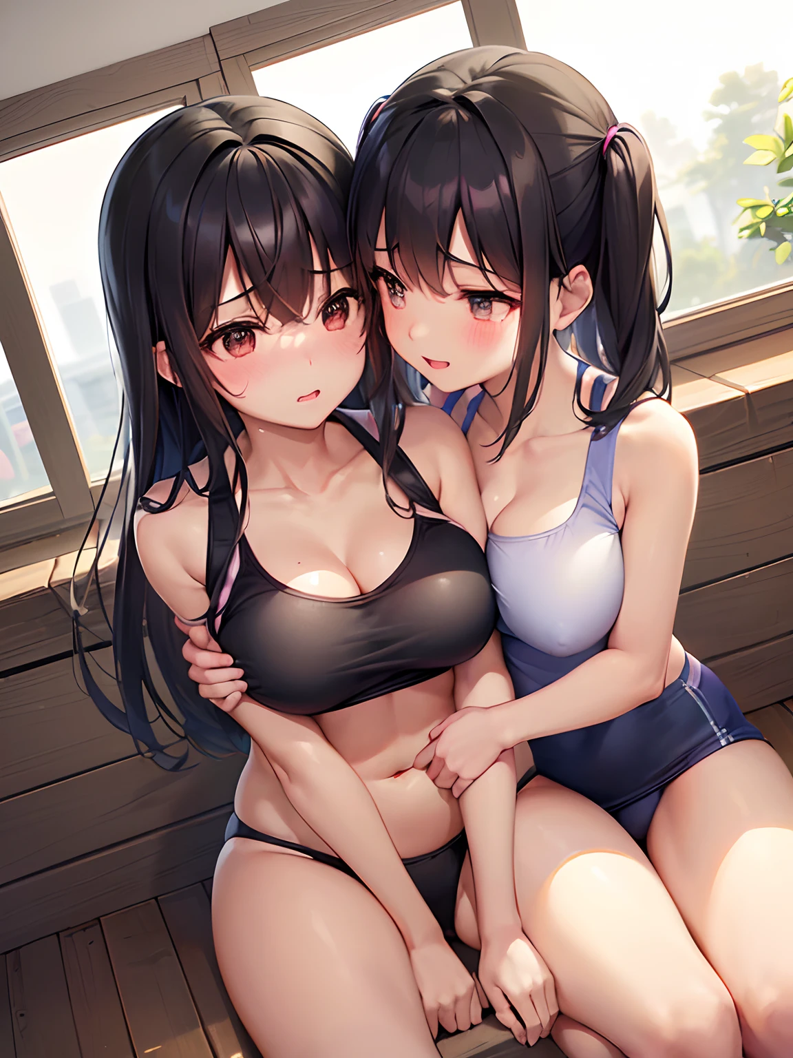 (in 8K, Best Quality, masutepiece:1.2), Best Quality, 超A high resolution,game cg、Natural lighting,kawaii、Cute、2girls、(Yuri:1.5)、((Standing black hair girl:1.2)、seductive smile、adult-like、big sister、senior、Tall、See below、(breast grab:1.3)) and ((Sit up:1.2)、Pink-haired girl kissing on thigh、Lori、short stature、junior、huge tit、blushed face、shame、hug、Look up、girl trembling with sexual climax)、(Girls facing each other)、(Girls staring at each other:1.2)、track uniform、track and field uniform、sports bikini、sport bra
