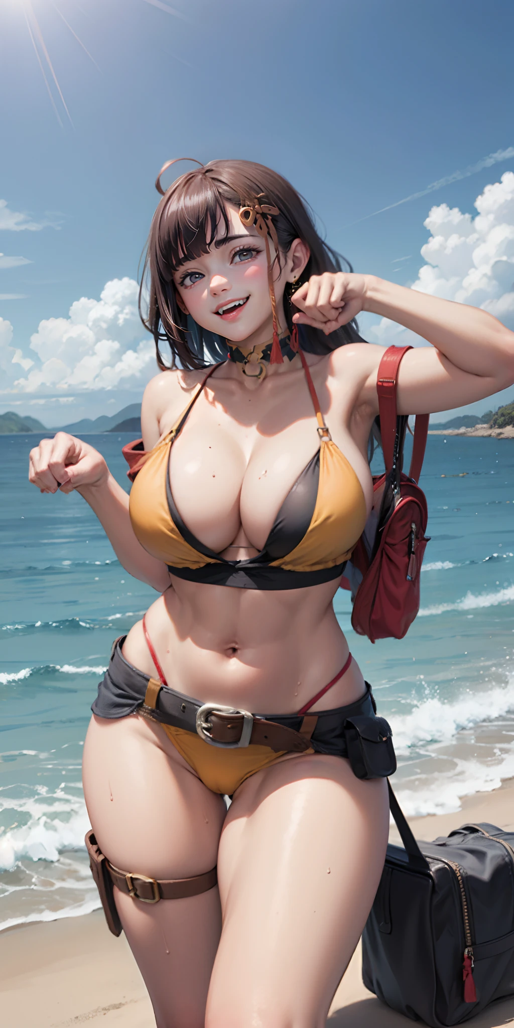 1girl, breasts, beach, ocean, bikini, swimsuit, ahoge, navel, cleavage, long hair, choker, solo, day, thigh_strap, water, outdoors, bangs, large_breasts, sky, orange_bikini, pouch, holster, looking_at_viewer, shore, collarbone, smile, open_mouth, sand, thighs, cloud, skindentation, belt, blue_sky, bare_shoulders, stomach, highleg_bikini, highleg, tongue, mole_on_thigh, sweat, huge_breasts, thick_thighs, curvy, standing, paw pose,